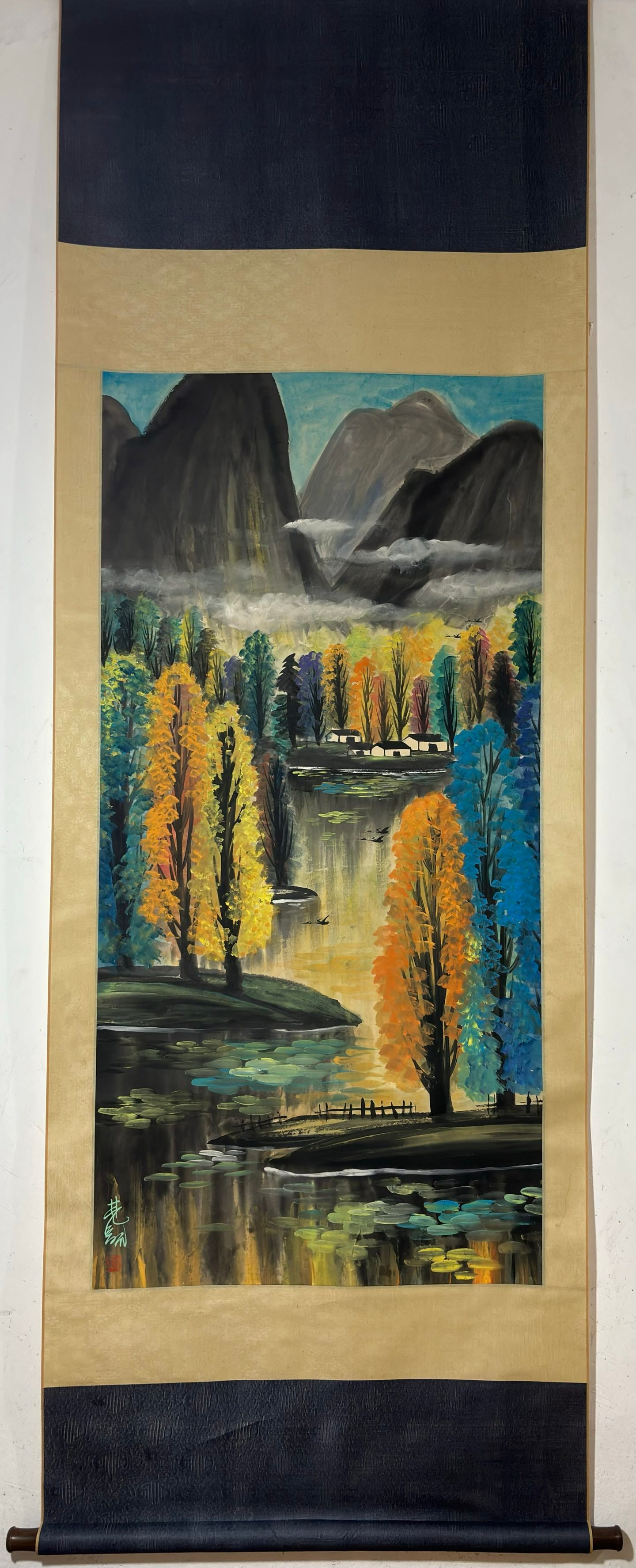 A Chinese Vertical Scroll Ink Painting of Landscape on Paper: A Chinese Vertical Scroll Ink Painting of Landscape on Paper,Modern Time,Lin Fengmian,without frame size:53.1inx26in 一幅中国水墨纸本山水