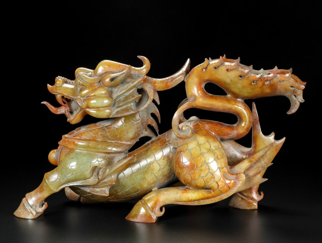 A Exquisite Hotan Jade Kylin Ornament: An Exquisite Hotan Jade Kylin Ornament,Han Dynasty, China,Size:10.6inx3.5inx5.5in,Weight:1677g 和田玉麒麟摆件,中国汉代