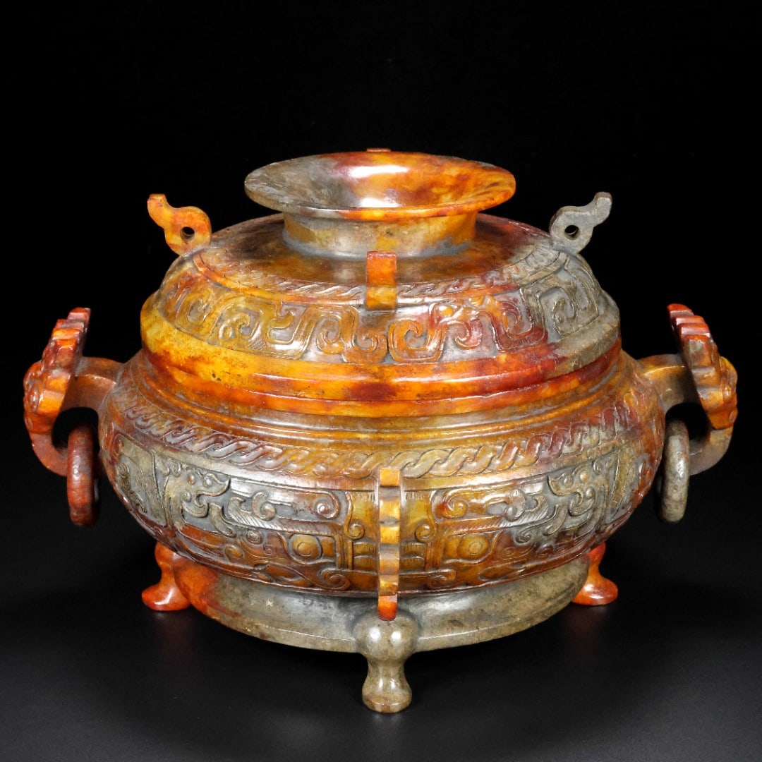 A Exquisite Hotan Jade Beast-Face Pattern Censer: A Exquisite Hotan Jade Beast-Face Pattern Censer,Han Dynasty, China,Size:11inx9.8inx7.1in,Weight:3100g 和田玉兽面纹炉,中国汉代