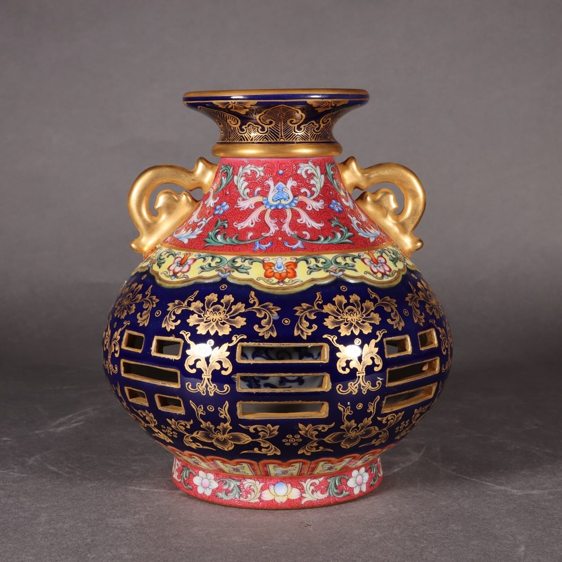 A Exquisite Famille-Rose Ji Blue Glazed Painted Gold Lotus Pattern Double-Ears Vase: A Exquisite Famille-Rose Ji Blue Glazed Painted Gold Lotus Pattern Double-Ears Vase,Qing Dynasty, China,Qianlong Six-character Mark,Size:7.3inx3.3inx4.1in