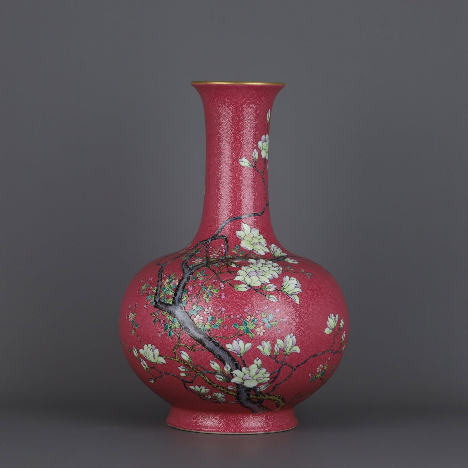 A Exquisite Ruby Red-Glazed Famille-Rose Flower Pattern Vase: A Exquisite Ruby Red-Glazed Famille-Rose Flower Pattern Vase,Qing Dynasty, China,Qianlong Six-character Mark,Size:12inx8.1in 胭脂红地粉彩花卉纹