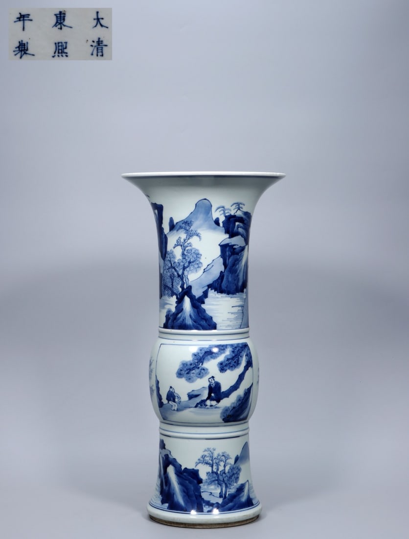 A Exquisite Blue and White Landscape and Figures Pattern Vase: A Exquisite Blue and White Landscape and Figures Pattern Vase,Qing Dynasty, China,Kangxi Six-character Mark,Size:18.2inx5.9inx8.7in ,Weight:3633g