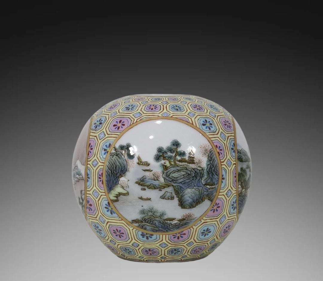A Exquisite Famille-Rose Landscape Pattern Water Pot: A Exquisite Famille-Rose Landscape Pattern Water Pot,Qing Dynasty, China,Qianlong Six-character Mark,Size:3inx3.3in