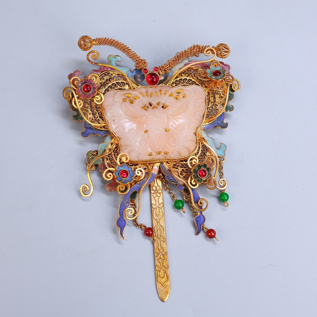 A Exquisite Cloisonné Inlaid Hotan Jade Hair Band: A Exquisite Cloisonné Inlaid Hotan Jade Hair Band,Qing Dynasty, China,Size:7.9inx5.1in ,Weight:126g