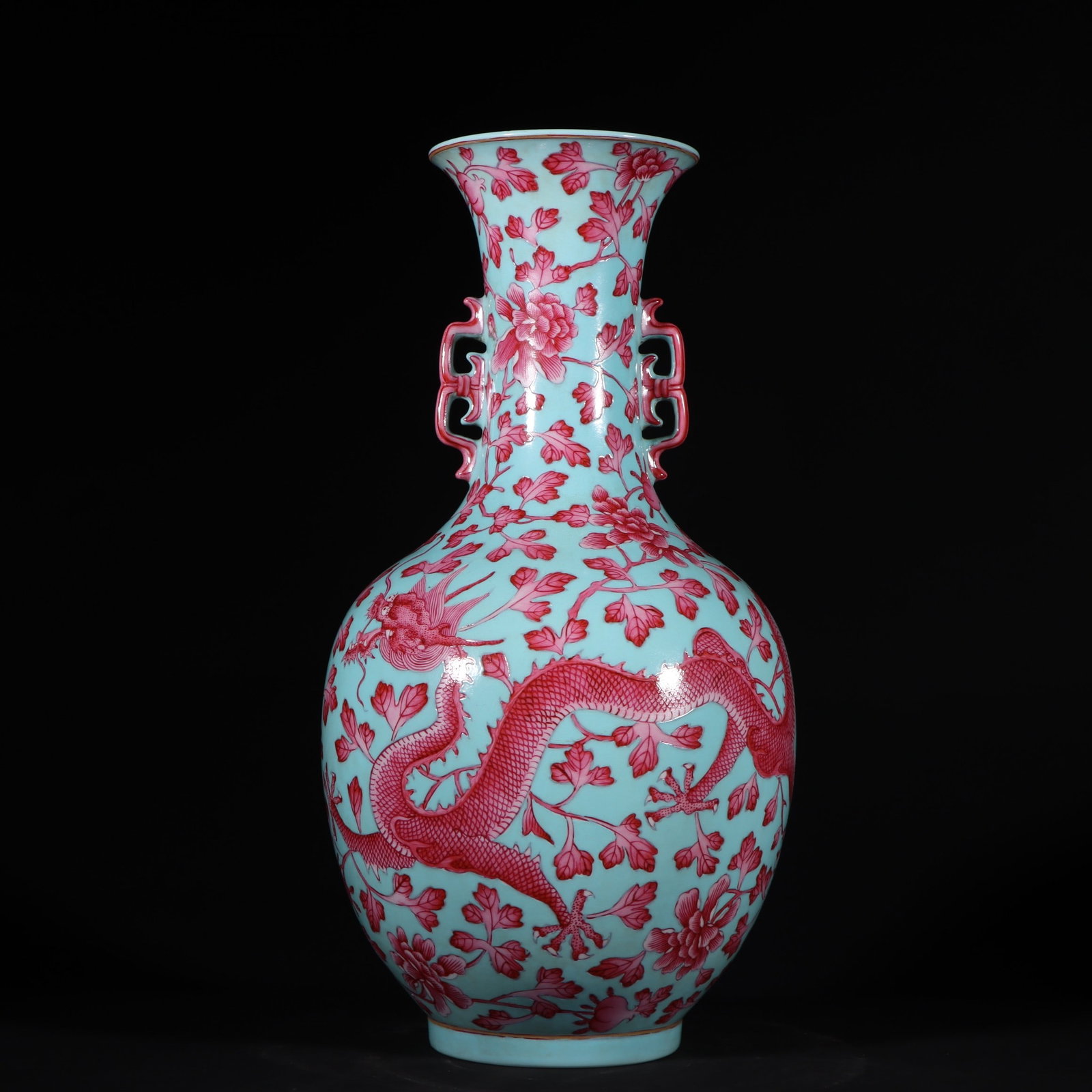 A Exquisite Turquoise-Ground Ruby Red-Glazed Dragon and Phoenix Pattern Double-Ears Vase: A Exquisite Turquoise-Ground Ruby Red-Glazed Dragon and Phoenix Pattern Double-Ears Vase,Qing Dynasty, China,Jiaqing Six-character Mark,Size:13inx6.7in 绿松石地胭脂