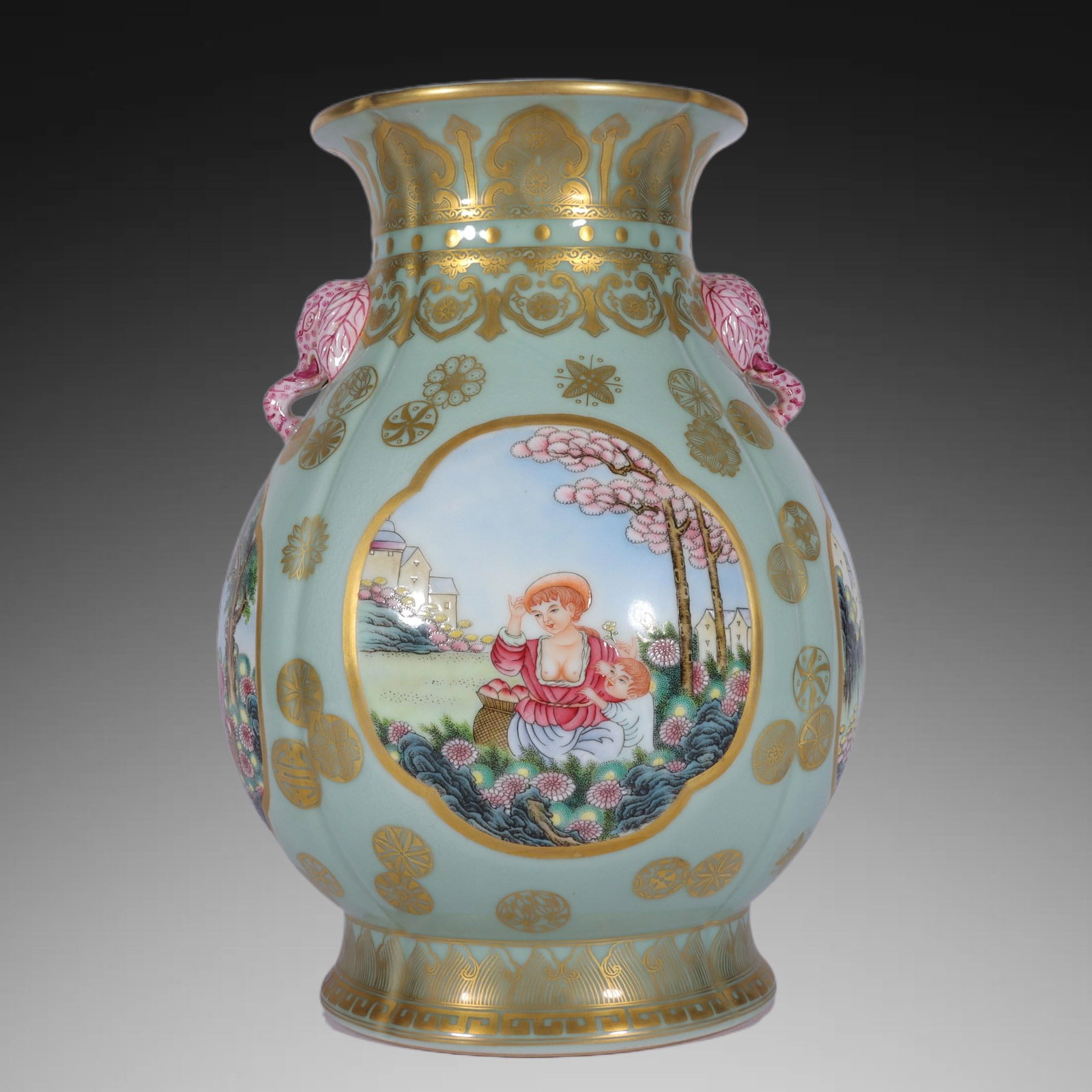 A Exquisite Enamel Pea-Green Glaze Painted Gold Figures Pattern Elephant-Ears Vase: A Exquisite Enamel Pea-Green Glaze Painted Gold Figures Pattern Elephant-Ears Vase,Qing Dynasty, China,Qianlong Six-character Mark,Size:13.5inx6.6inx9.1inx7in