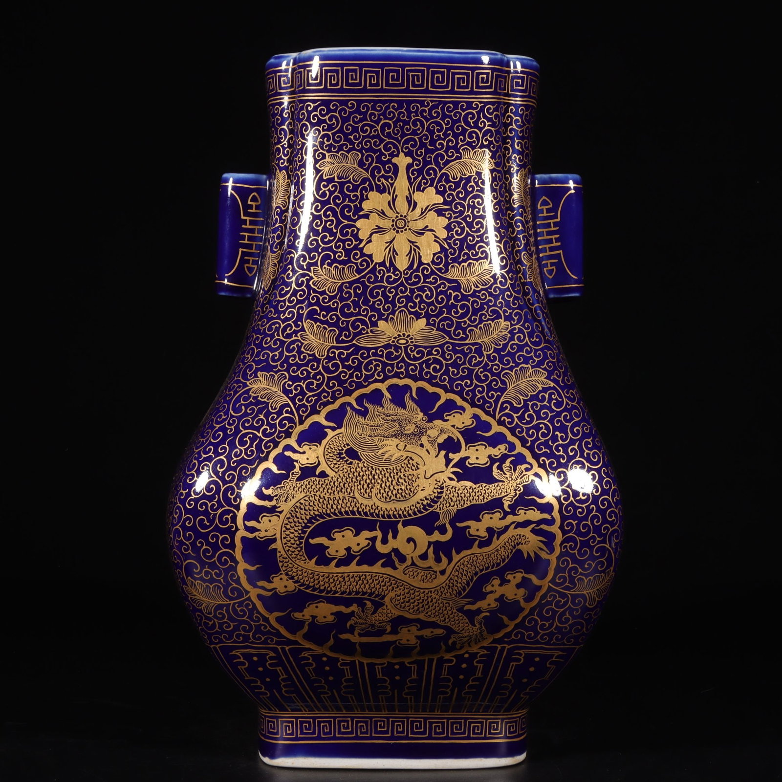 A Exquisite Ji Blue Glazed Painted Gold Lotus Dragon Pattern Double-Ears Vase: A Exquisite Ji Blue Glazed Painted Gold Lotus Dragon Pattern Double-Ears Vase,Qing Dynasty, China,Qianlong Six-character Mark,Size:11.7inx4.6inx4.6in