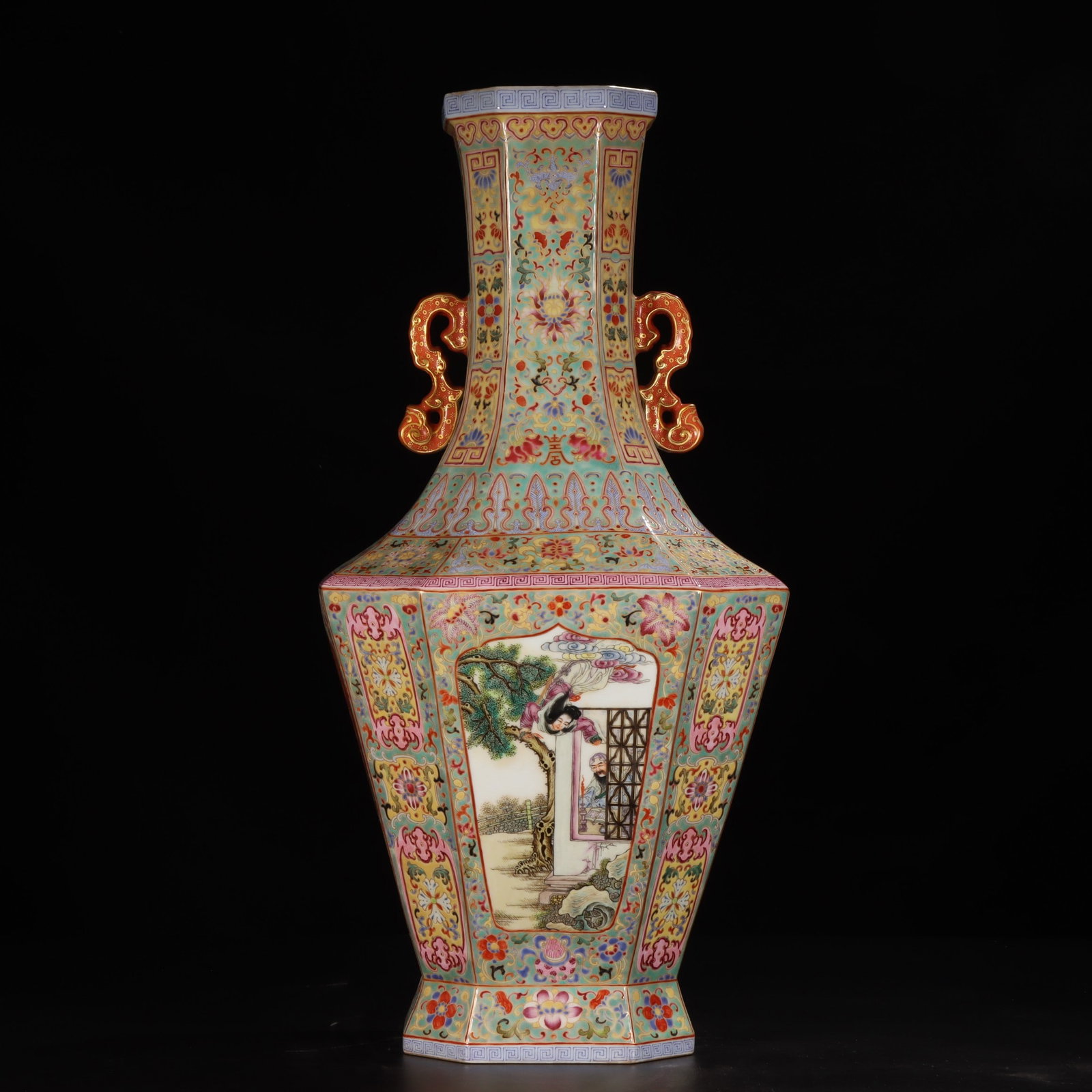 A Exquisite Enamel Painted Gold Lotus Figures Pattern Double-Ears Vase: A Exquisite Enamel Painted Gold Lotus Figures Pattern Double-Ears Vase,Qing Dynasty, China,Qianlong Four-character Mark,Size:20.7inx4.7inx6.2in