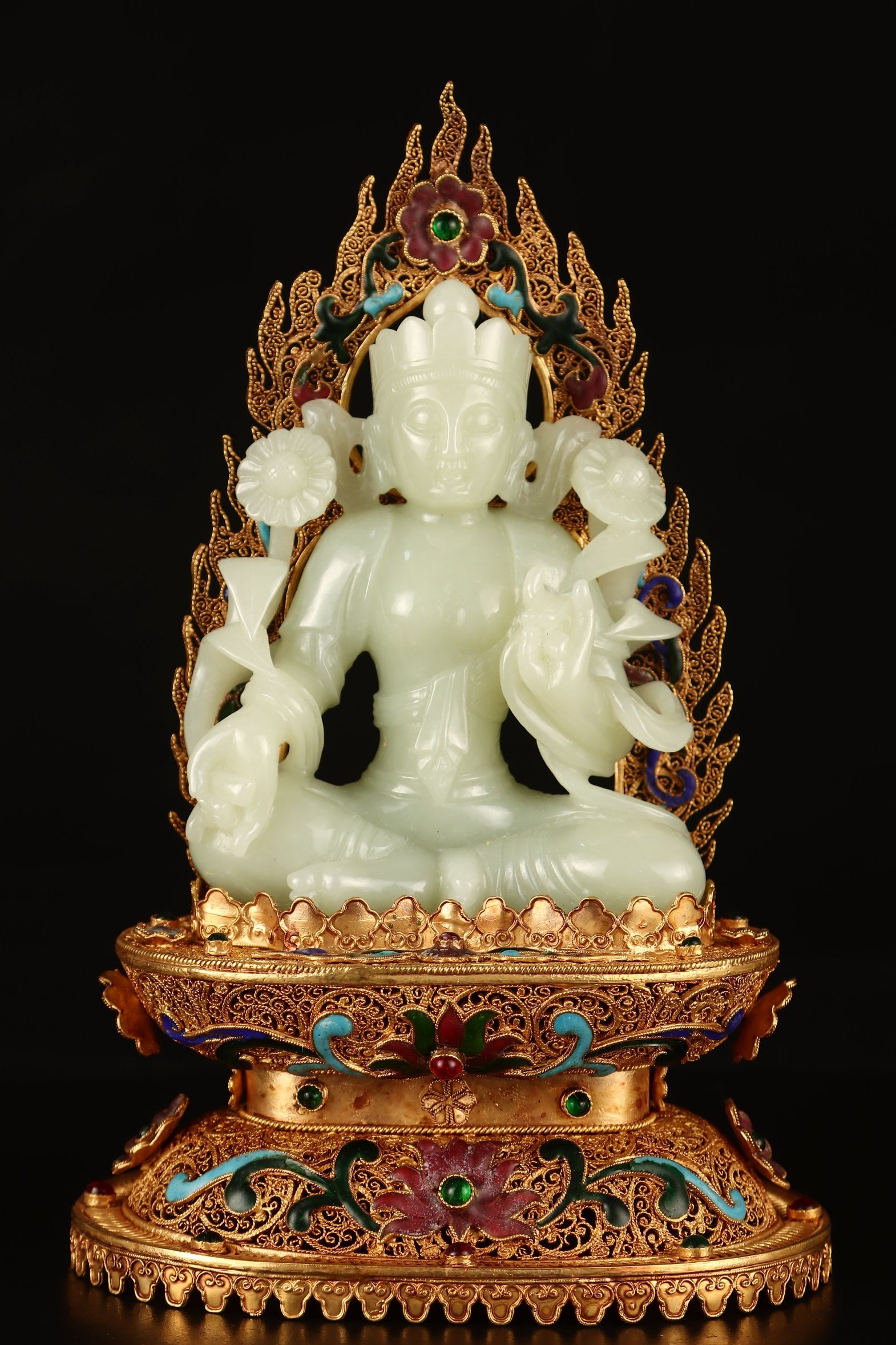 A Exquisite Filigree Gilt Inlaid Hotan Jade Tara Statue Ornament: A Exquisite Filigree Gilt Inlaid Hotan Jade Tara Statue Ornament,Qing Dynasty,China,Qianlong Four-character Mark,Size: 5.3inx8.7in,Weight: 870g,Size: 4.9in（Buddha Statue）