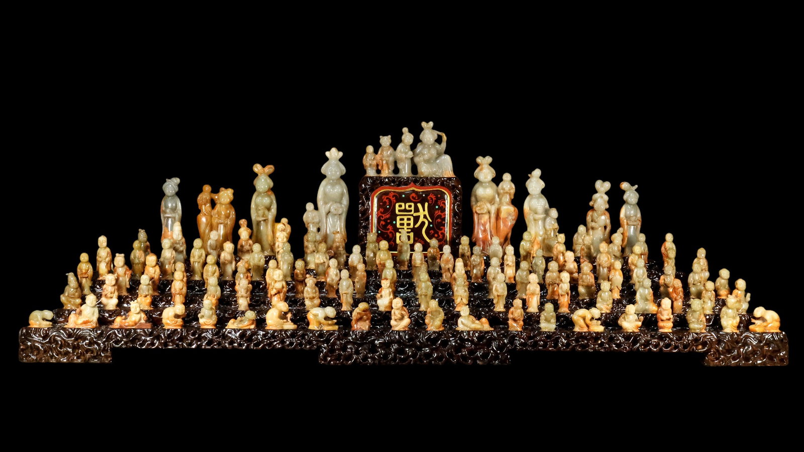 A Set of Exquisite Hotan Jade Figures Ornament: A Set of Exquisite Hotan Jade Figures Ornament,Tang Dynasty, China,Size:63inx15.7inx20.1in ,Weight:20500g(Without Base)