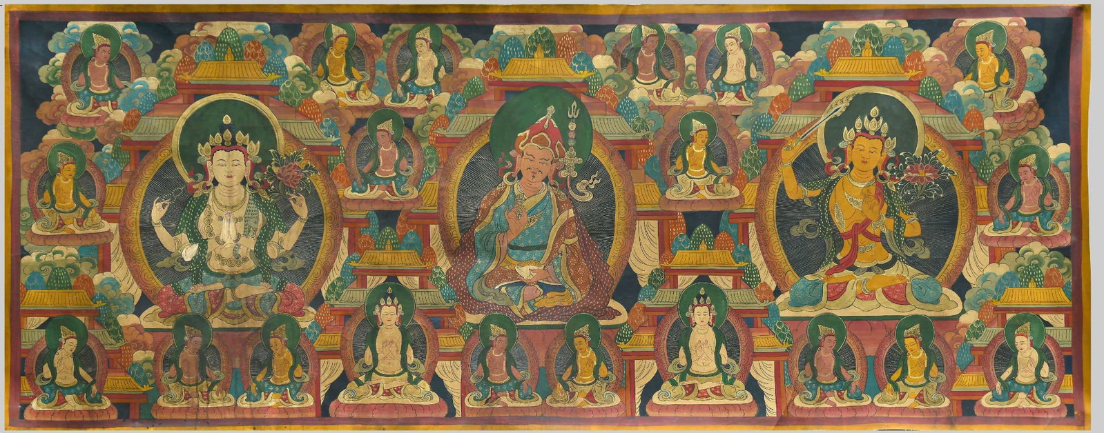 A Exquisite Painted Color Four-arms Avalokitesvara Thangka: A Exquisite Painted Color Four-arms Avalokitesvara Thangka,Qing Dynasty, China,Size:47.2inx118.1in 彩绘四臂观音唐卡,中国清代