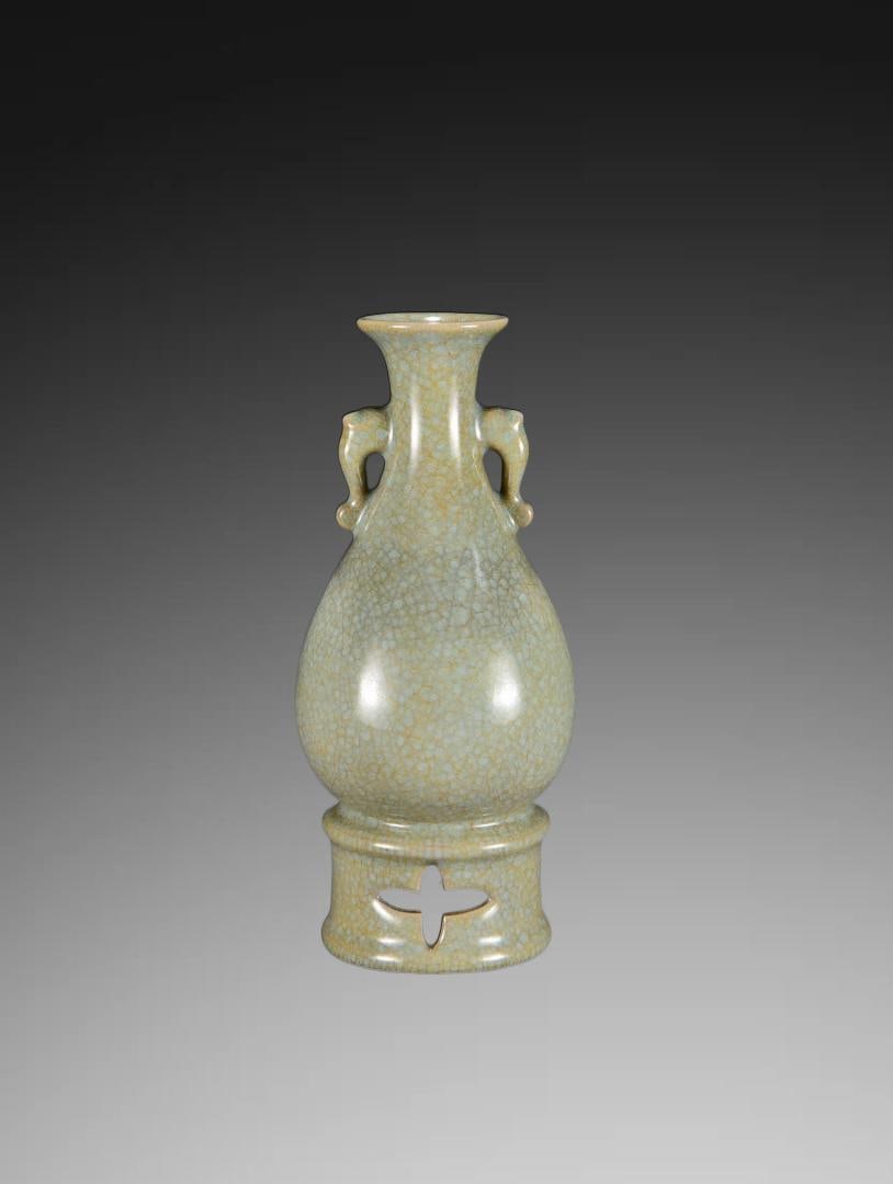 A Exquisite Ru Ware Celadon Glazed ice Crackle Pattern Double-Ears Vase, with an Imperial Poem by: A Exquisite Ru Ware Celadon Glazed ice Crackle Pattern Double-Ears Vase, with an Imperial Poem by Emperor Qianlong,Song Dynasty, China,Size:8.7inx3.9in