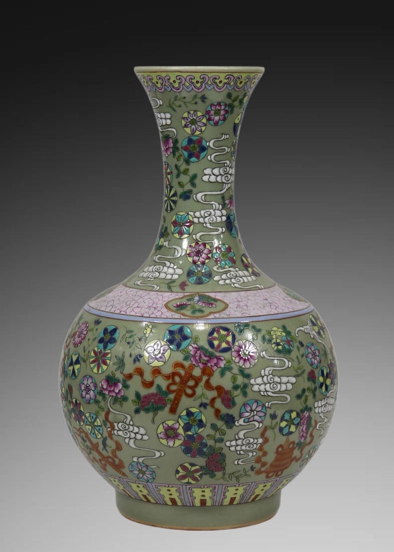 A Exquisite Enamel Character and Story Pattern Vat: An Exquisite Pea-Green Glaze Famille-Rose Eight Treasures Pattern Vase,Qing Dynasty, China,Qianlong Six-character Mark,Size:15.9inx8.9in 豆青釉粉彩八宝纹