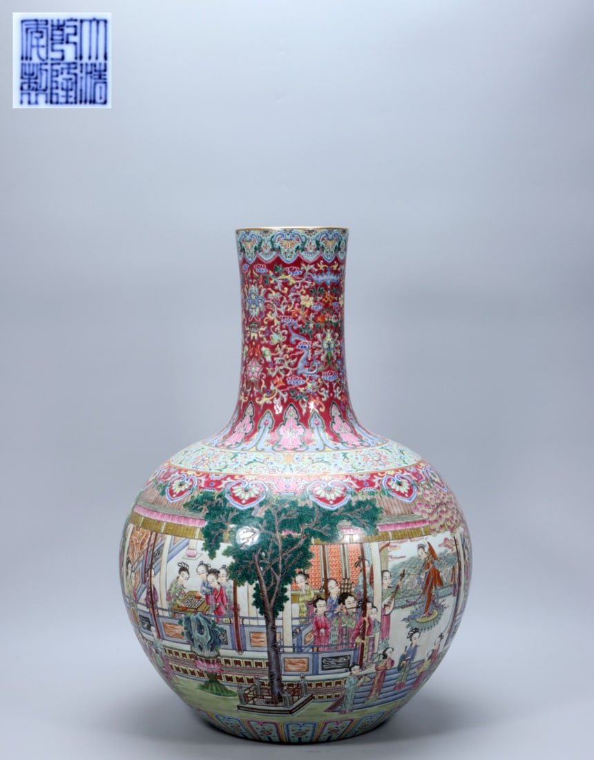 A Exquisite Famille-Rose Character and Story Pattern Vase: A Exquisite Famille-Rose Character and Story Pattern Vase,Qing Dynasty, China,Qianlong Six-character Mark,Size:13inx7.5in,Weight:1600g