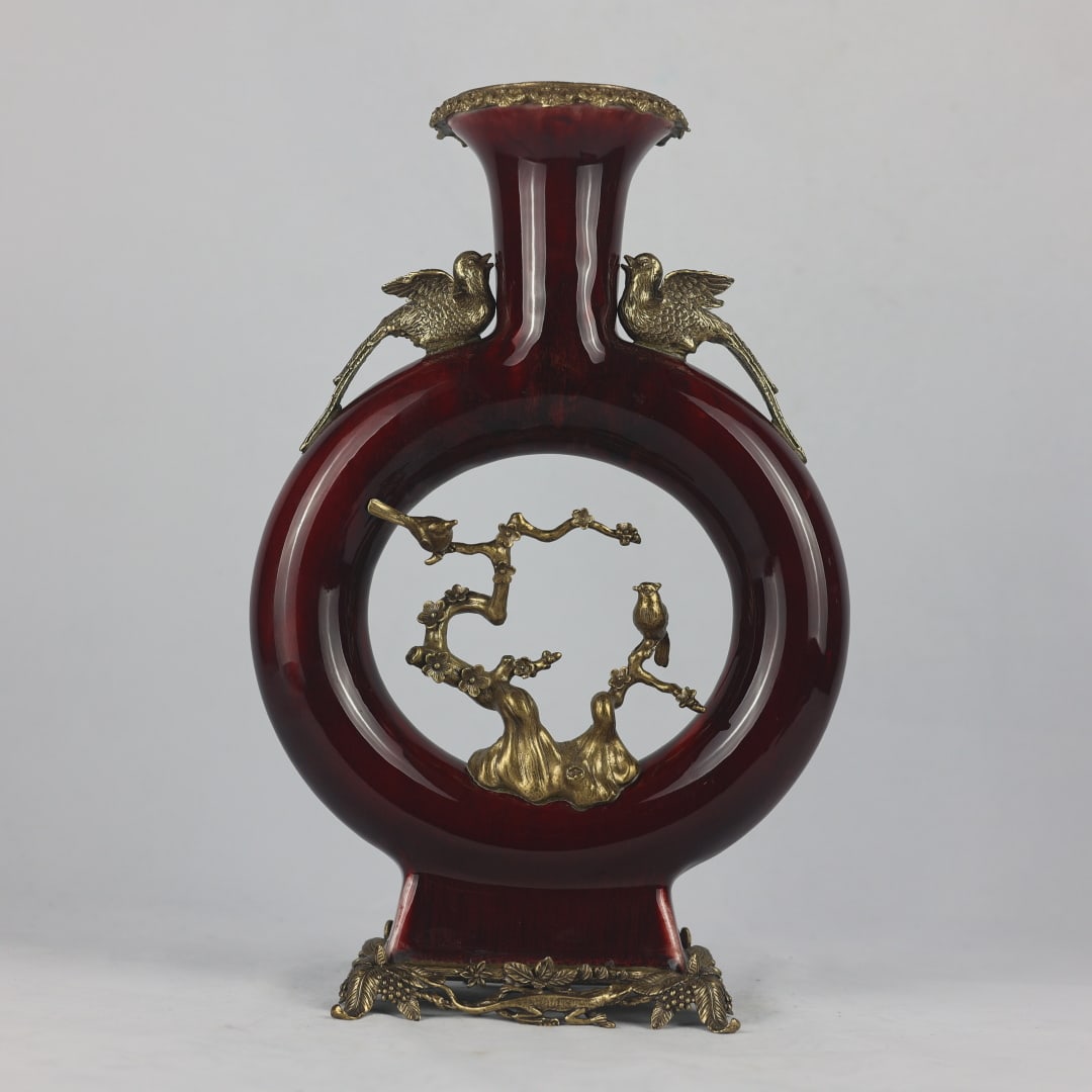 A Huge Red Glazed Inlaid Bronze Hollow Flower and Bird Pattern Bird-Ears Vase (1 of 9)