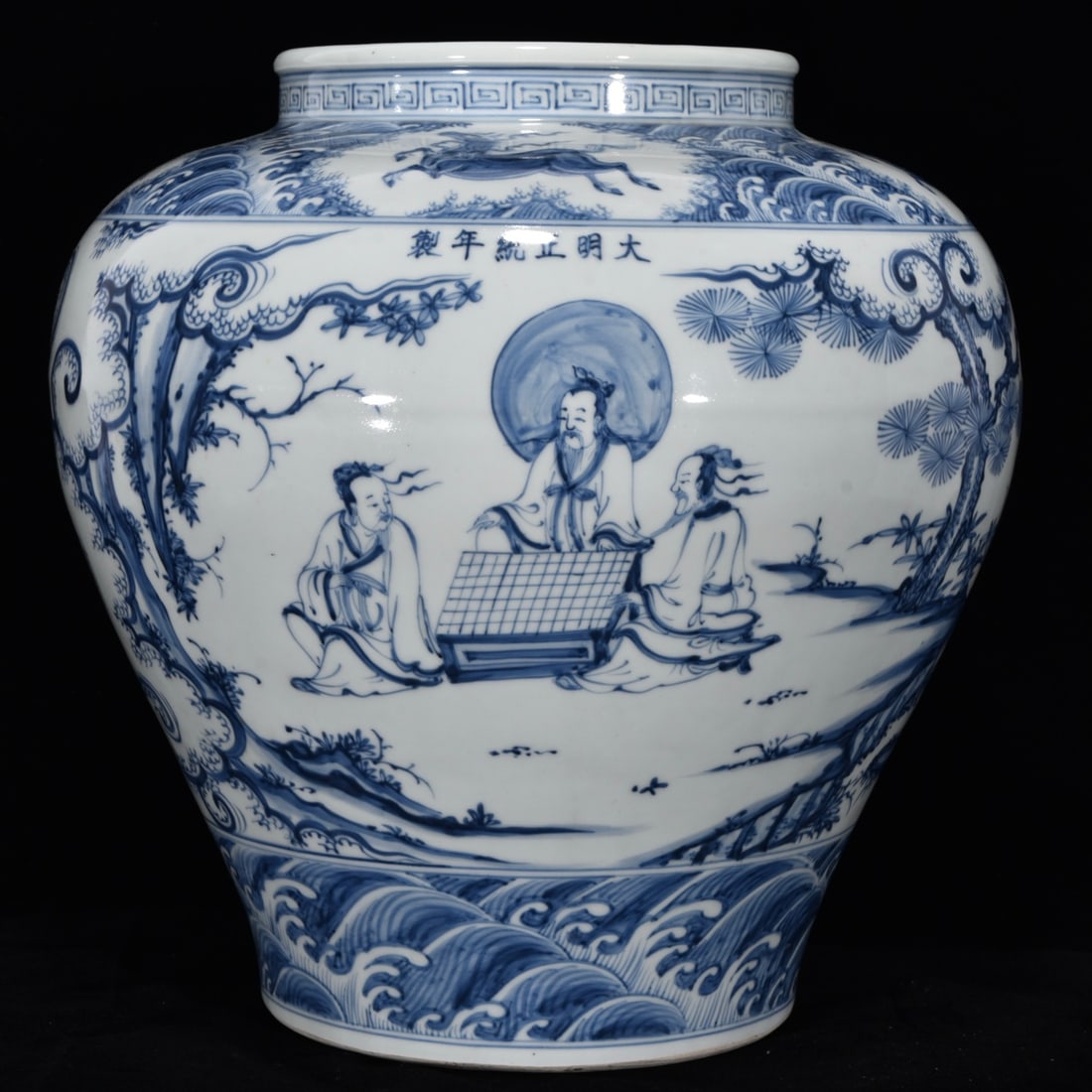 An Exquisite Blue and White Character and Story Pattern Jar: An Exquisite Blue and White Character and Story Pattern Jar Ming Dynasty, China Zhengtong Six-character Mark Size:12.8inx13.4in青花人物故事纹罐