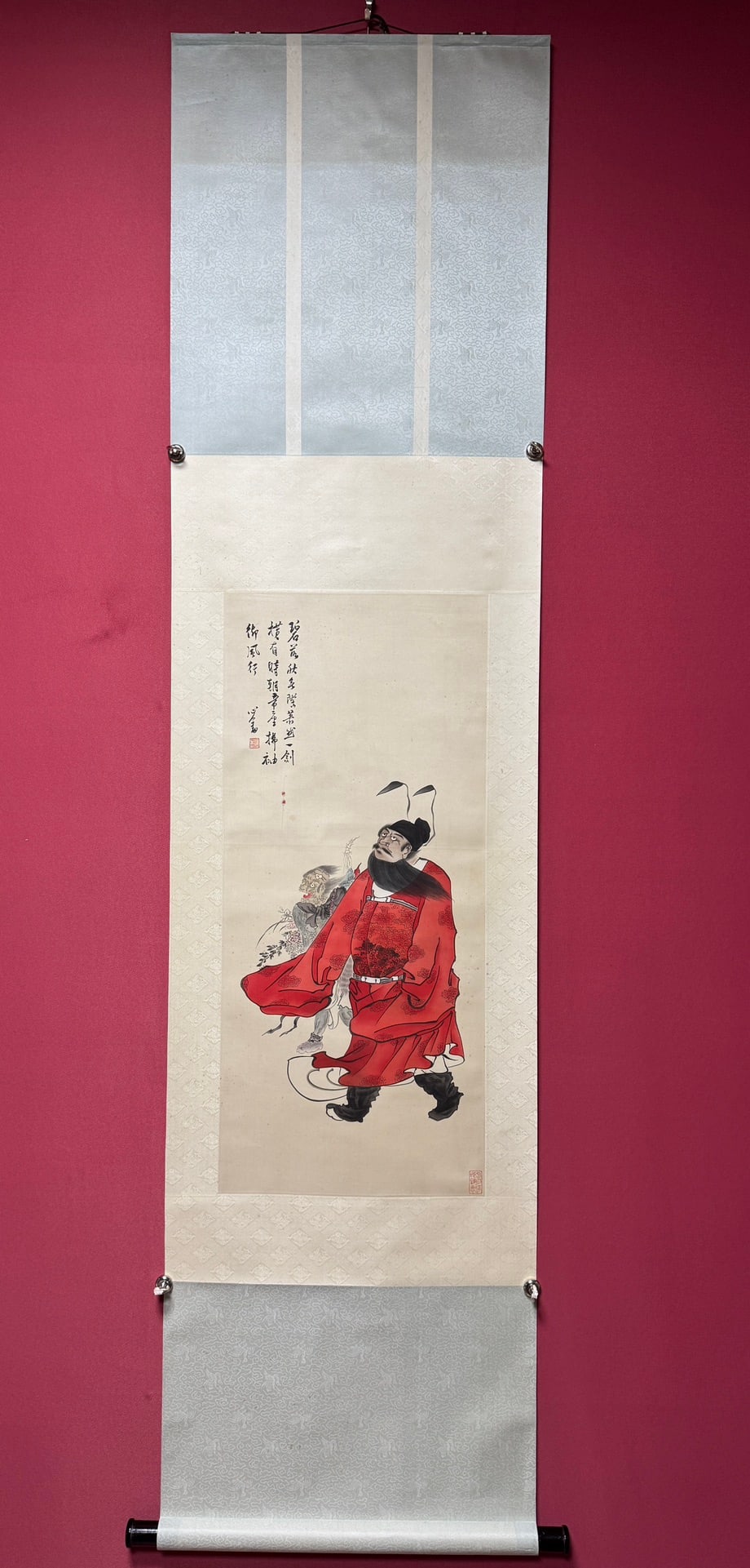 A Chinese Vertical Scroll Ink Painting of Figure on Silk,Fu Ru: A Chinese Vertical Scroll Ink Painting of Figure on Silk,Fu Ru Size:(Without frame)15.4inx35in一幅中国水墨绢本人物画立轴,&