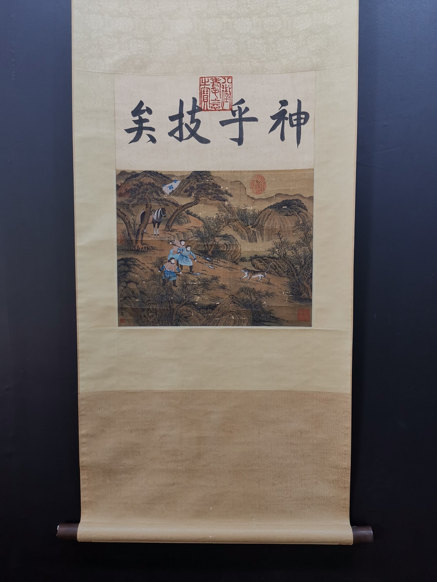 A Chinese Vertical Scroll Ink Painting of Hunting on Silk,Lang Shining (1 of 9)