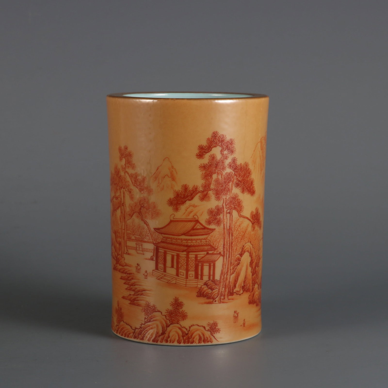 An Exquisite Iron-Red Yellow Glazed Landscape and Figure Pattern Brush Pot (1 of 8)