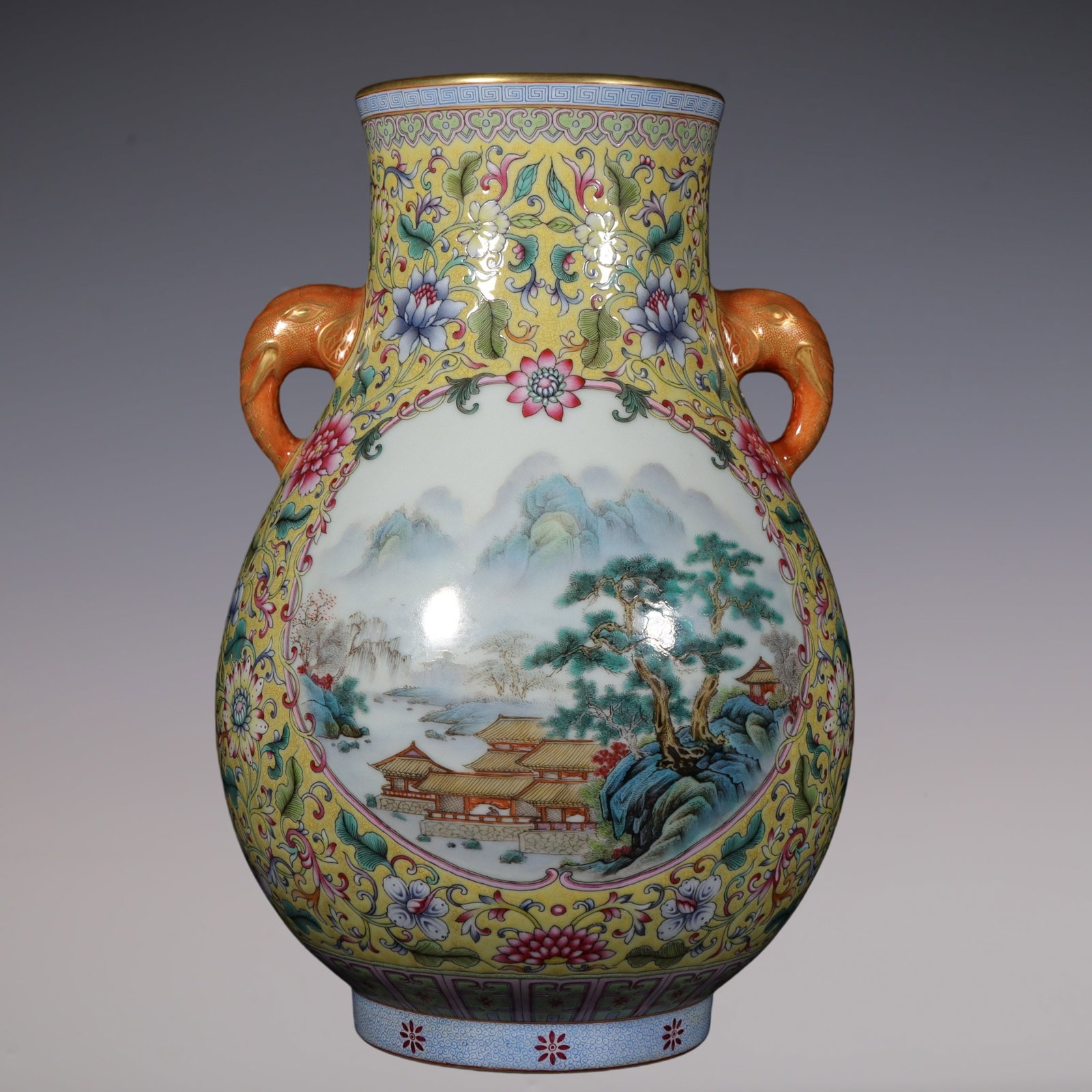 An Exquisite Famille-Rose Painted Gold Lotus Pattern Landscape Pattern Double-Ears Vase: An Exquisite Famille-Rose Painted Gold Lotus Pattern Landscape Pattern Double-Ears Vase Qing Dynasty, China Qianlong Four-character Mark