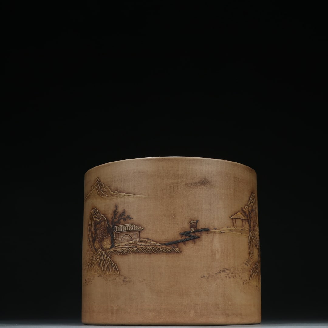 An Exquisite Purple Sands Landscape and Figure Pattern Brush Pot: An Exquisite Purple Sands Landscape and Figure Pattern Brush Pot Qing Dynasty, China Size:5.9inx7in紫砂绘山水人家笔筒 中国清