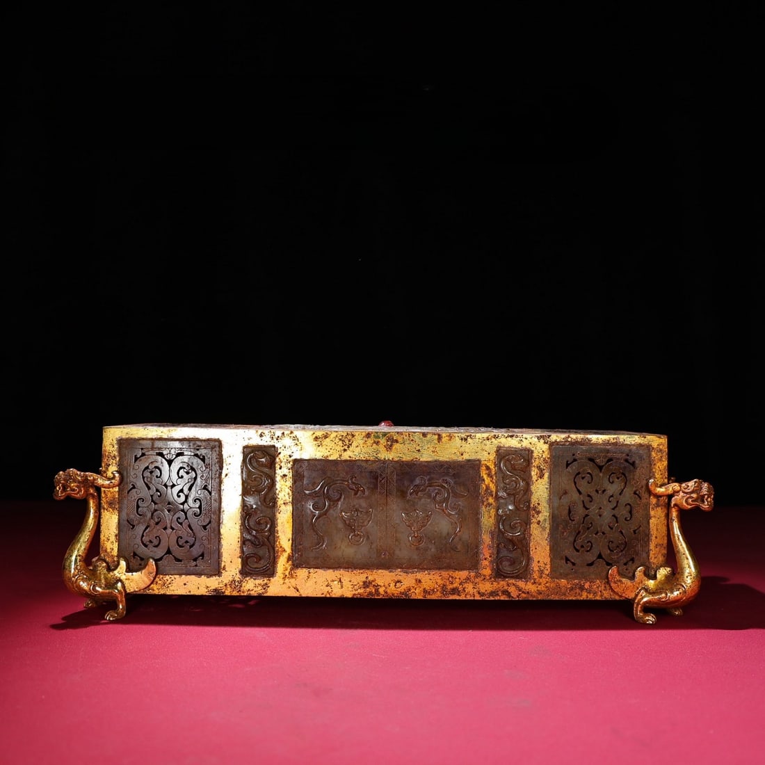 A Rare Gilt Bronze Inlaid White Jade Hollow Phoenix Pattern Beast-Ears Beast Legs Pillow