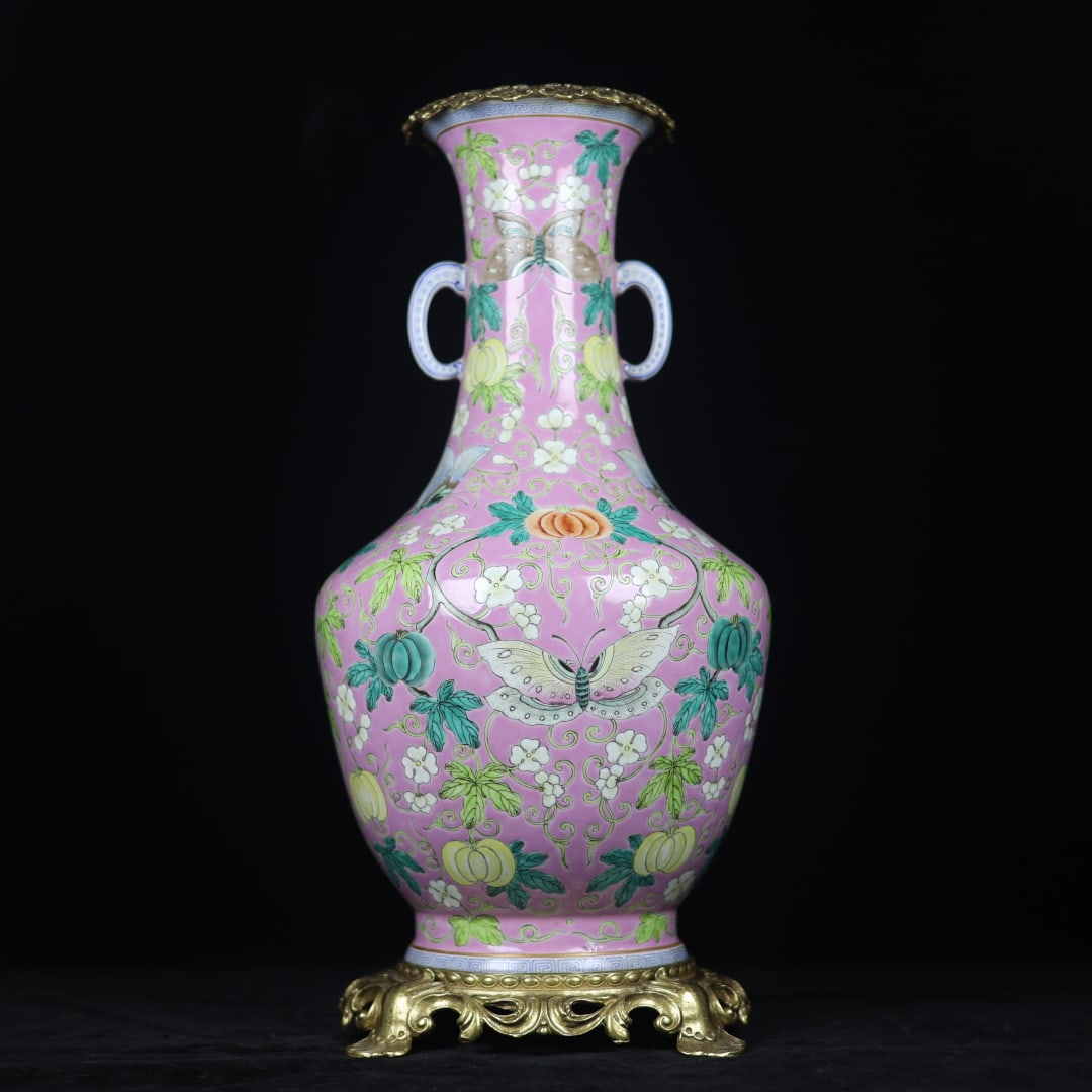 A Huge Pink Ground Famille-Rose Inlaid Bronze Pumpkin and Butterfly Pattern Double-Ears Vase: A Huge Pink Ground Famille-Rose Inlaid Bronze Pumpkin and Butterfly Pattern Double-Ears Vase,Qing Dynasty,China,Qianlong Six-character Mark, Size:18.9inx8.3inx7.9in粉地粉彩&