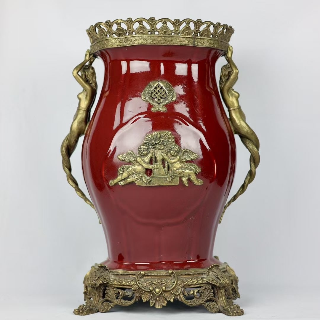 A Huge Ji Red Glazed Inlaid Bronze Figure Pattern Figure-Ears Vase: A Huge Ji Red Glazed Inlaid Bronze Figure Pattern Figure-Ears Vase,Qing Dynasty,China,Qianlong Six-character Mark,