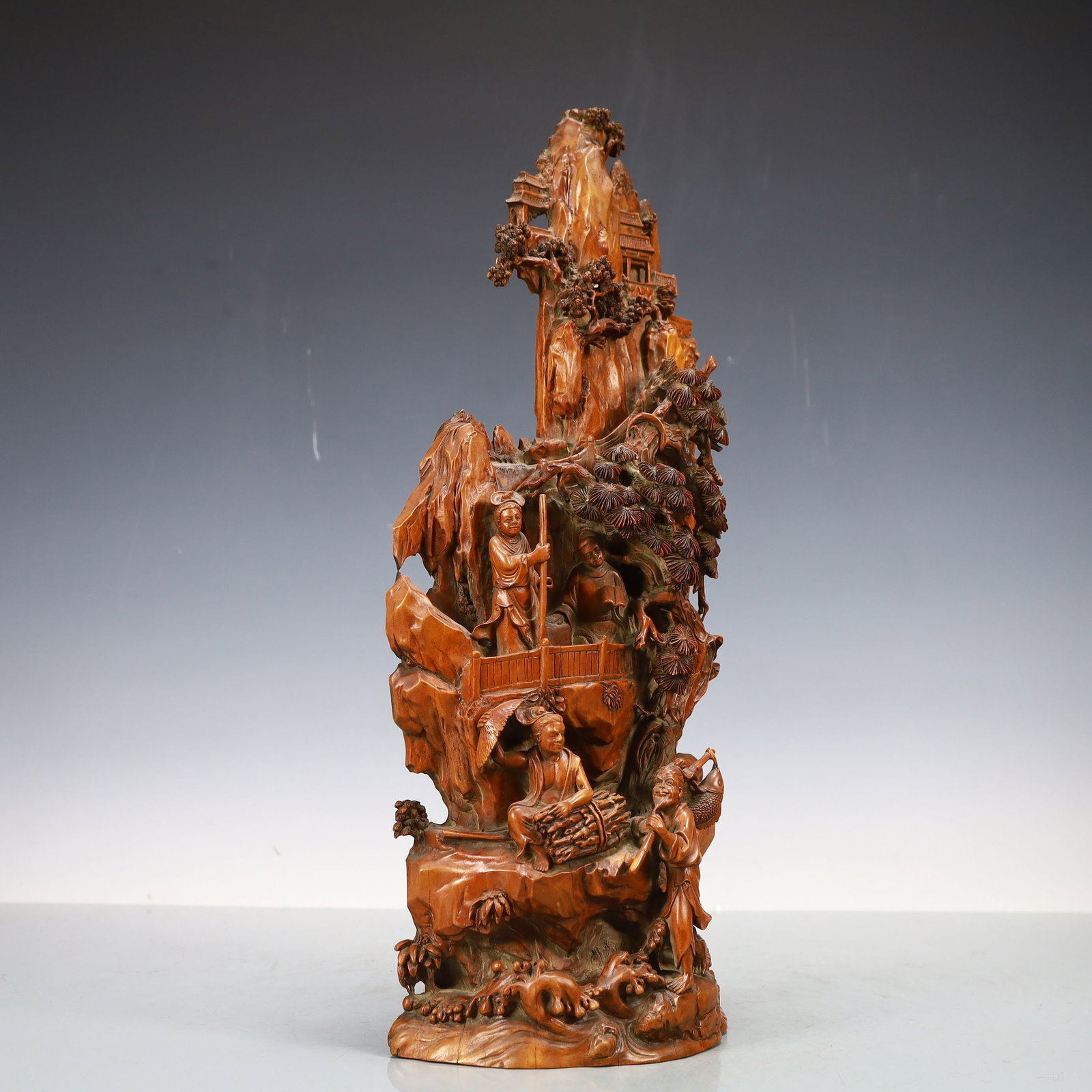 An Exquisite Sandalwood Landscape and Figure Ornament,with poem: An Exquisite Sandalwood Landscape and Figure Ornament,with poem,Qing