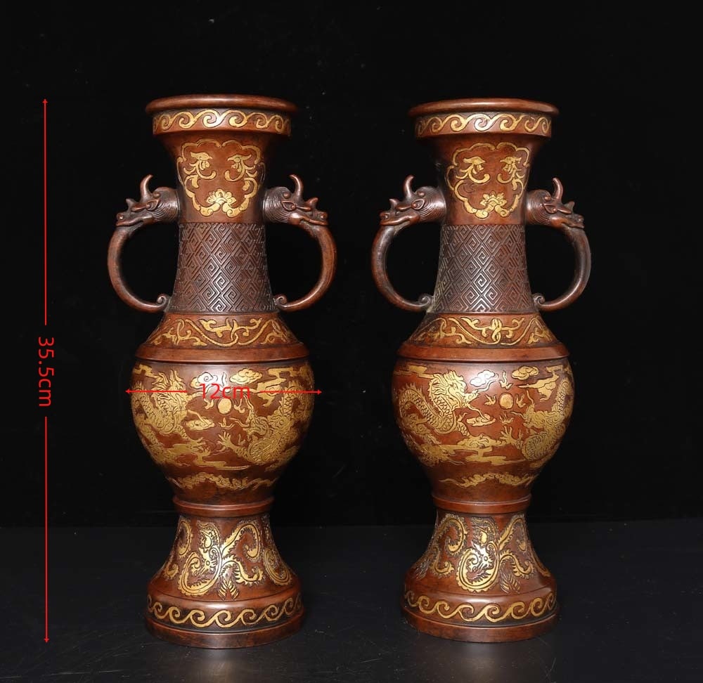 A Pair of Exquisite Gilt Bronze Dragon Pattern Double-Ears Vases (1 of 9)