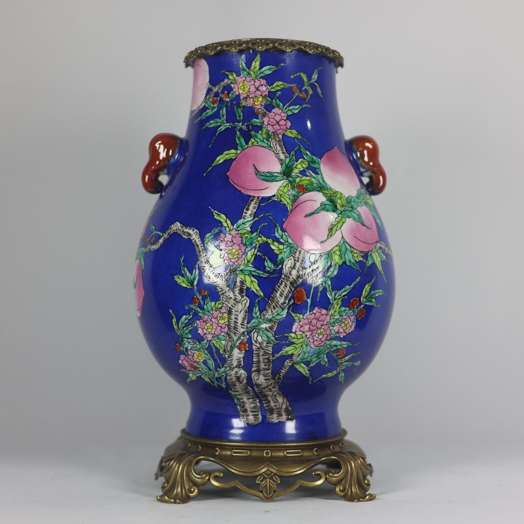 An Exquisite Blue Ground Famille-Rose Inlaid Bronze Bats and Peach Pattern Elephant-Ears Vase: An Exquisite Blue Ground Famille-Rose Inlaid Bronze Bats and Peach Pattern Elephant-Ears VaseQing Dynasty,China,Qianlong Four-character Mark,蓝地粉彩镶铜福