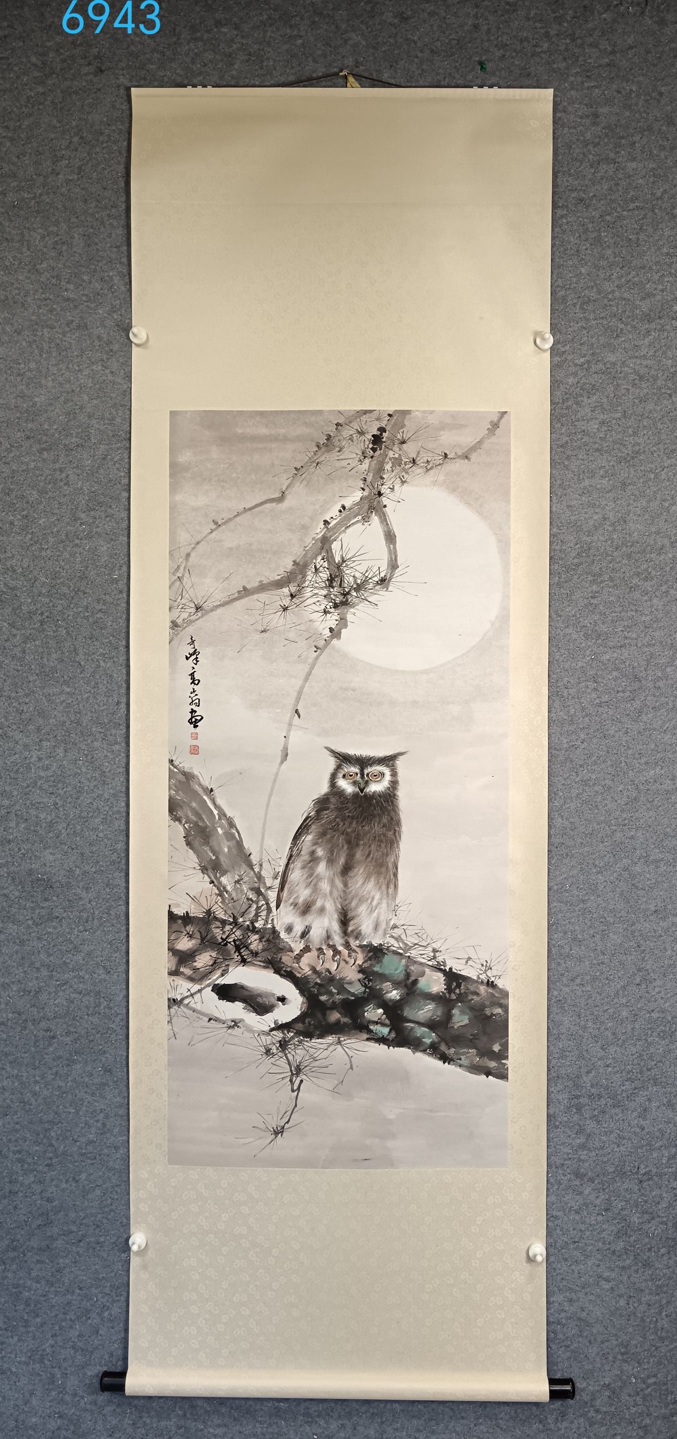 A Chinese Vertical Scroll Ink Painting of Flower and Bird on Paper: A Chinese Vertical Scroll Ink Painting of Flower and Bird on Paper,Gao qifeng,Size:(Without frame)22.8inx50.8in,一幅中国水墨花鸟画立轴