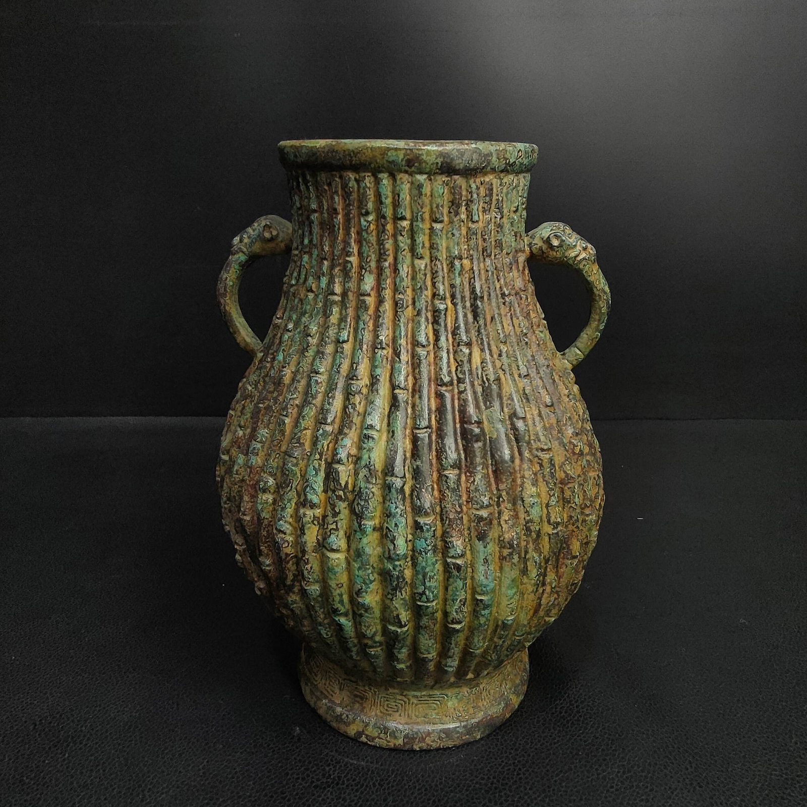 An Exquisite Bronze Bamboo Joint Pattern Double-Ears Vase,With Inscription (1 of 9)