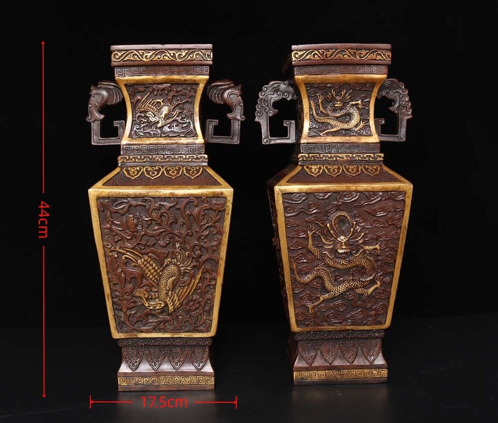 A Pair of Exquisite Gilt Bronze Dragon and Phoenix Pattern Double-Ears Vases