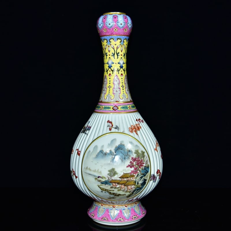 An Exquisite Famille-Rose Landscape Pattern Vase: An Exquisite Famille-Rose Landscape Pattern Vase,Qing Dynasty,China,with Yongzheng Six-character Mark,Size:13.8inx5.9in,粉彩山水纹瓶,中国清代