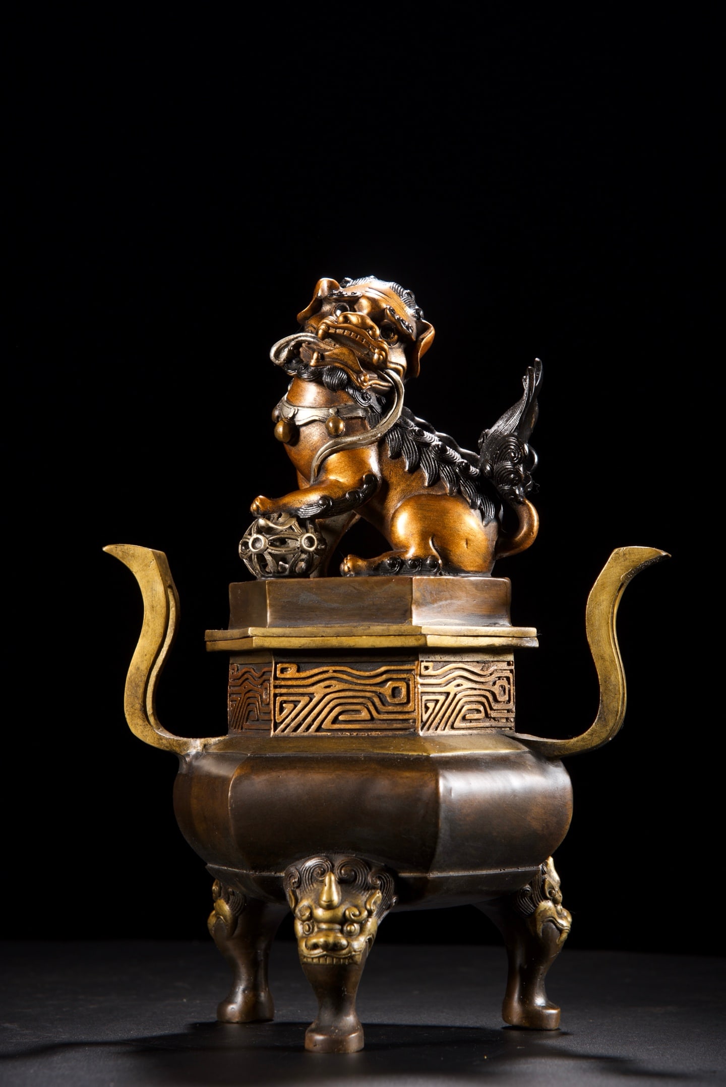 An Exquisite Copper Painted Color Auspicious Animal with Cover Double-Ears Tripod Censer: An Exquisite Copper Painted Color Auspicious Animal with Cover Double-Ears Tripod Censer,Qing Dynasty,China,with Qianlong Four-character