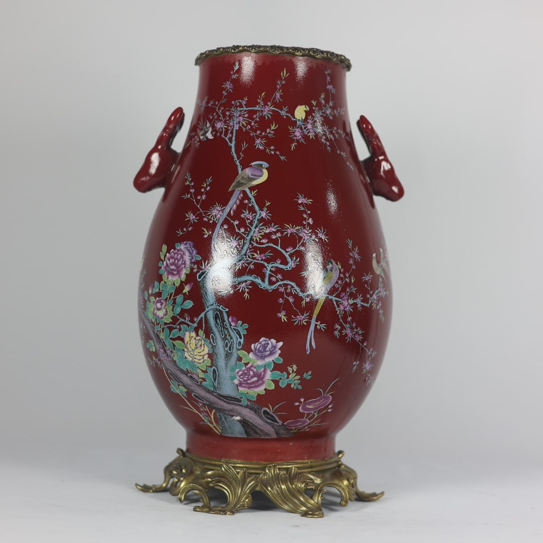 An Exquisite Ji Red Glazed Famille-Rose Inlaid Bronze Flower and Bird Pattern Double-Ears Vase ,: An Exquisite Ji Red Glazed Famille-Rose Inlaid Bronze Flower and Bird Pattern Double-Ears Vase , with poemQing Dynasty,China,Qianlong Four-character Mark,霁红釉粉彩໲