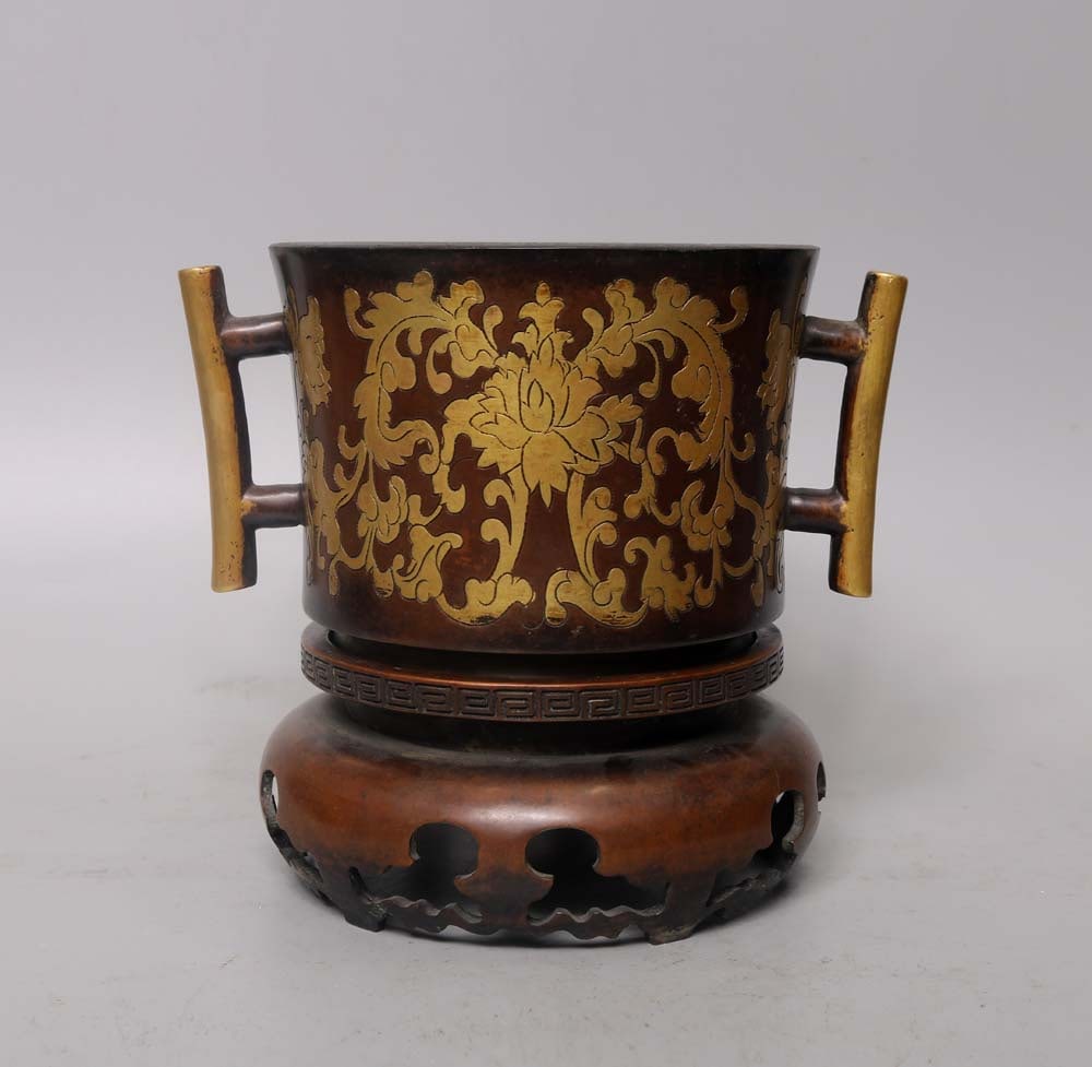 An Exquisite Gilt Bronze Flower Pattern Double-Ears Censer,with Base: An Exquisite Gilt Bronze Flower Pattern Double-Ears Censer,with Base,Ming Dynasty,China,with Xuande Four-character
