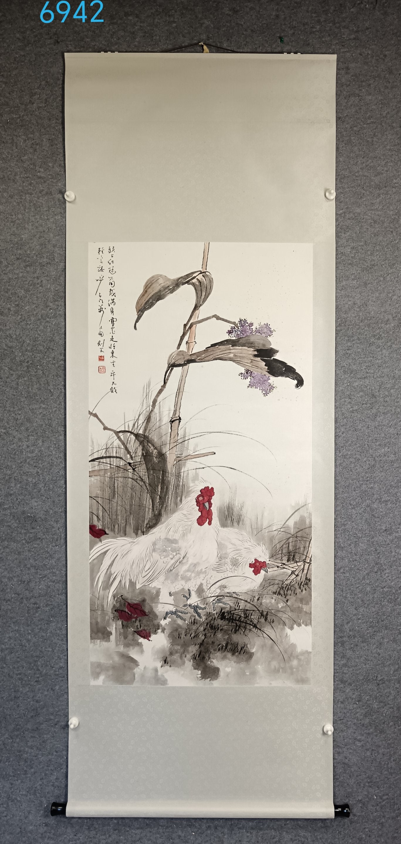 A Chinese Vertical Scroll Ink Painting of Flower and Chicken on Paper: A Chinese Vertical Scroll Ink Painting of Flower and Chicken on Paper,Gao jianfu,Size:(Without