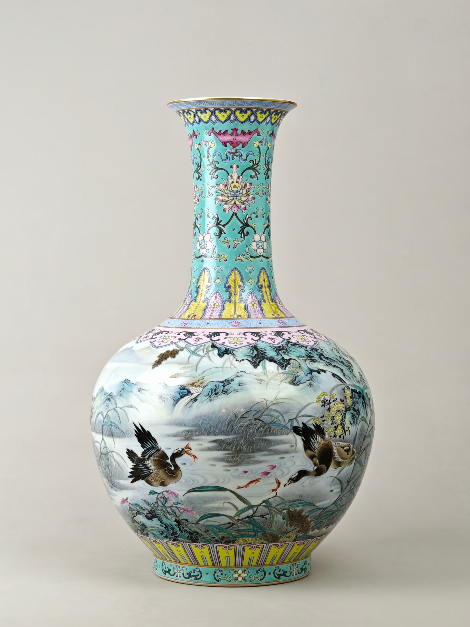 Enamel Turquoise Glazed with poem Flower and Bird Pattern Vase: Enamel Turquoise Glazed with poem Flower and Bird Pattern Vase,Qing Dynasty,China,with Qianlong Six-character Mark,Size:15.9inx9.8in 珐琅彩松石绿釉带