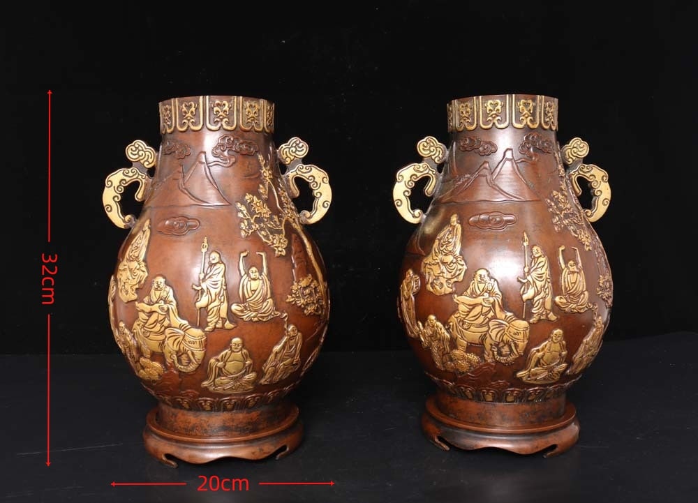 A Pair of Exquisite Gilt Bronze Character and Story Pattern Double-Ears Vases: A Pair of Exquisite Gilt Bronze Character and Story Pattern Double-Ears Vases,Ming Dynasty,China,with Xuande Six-character