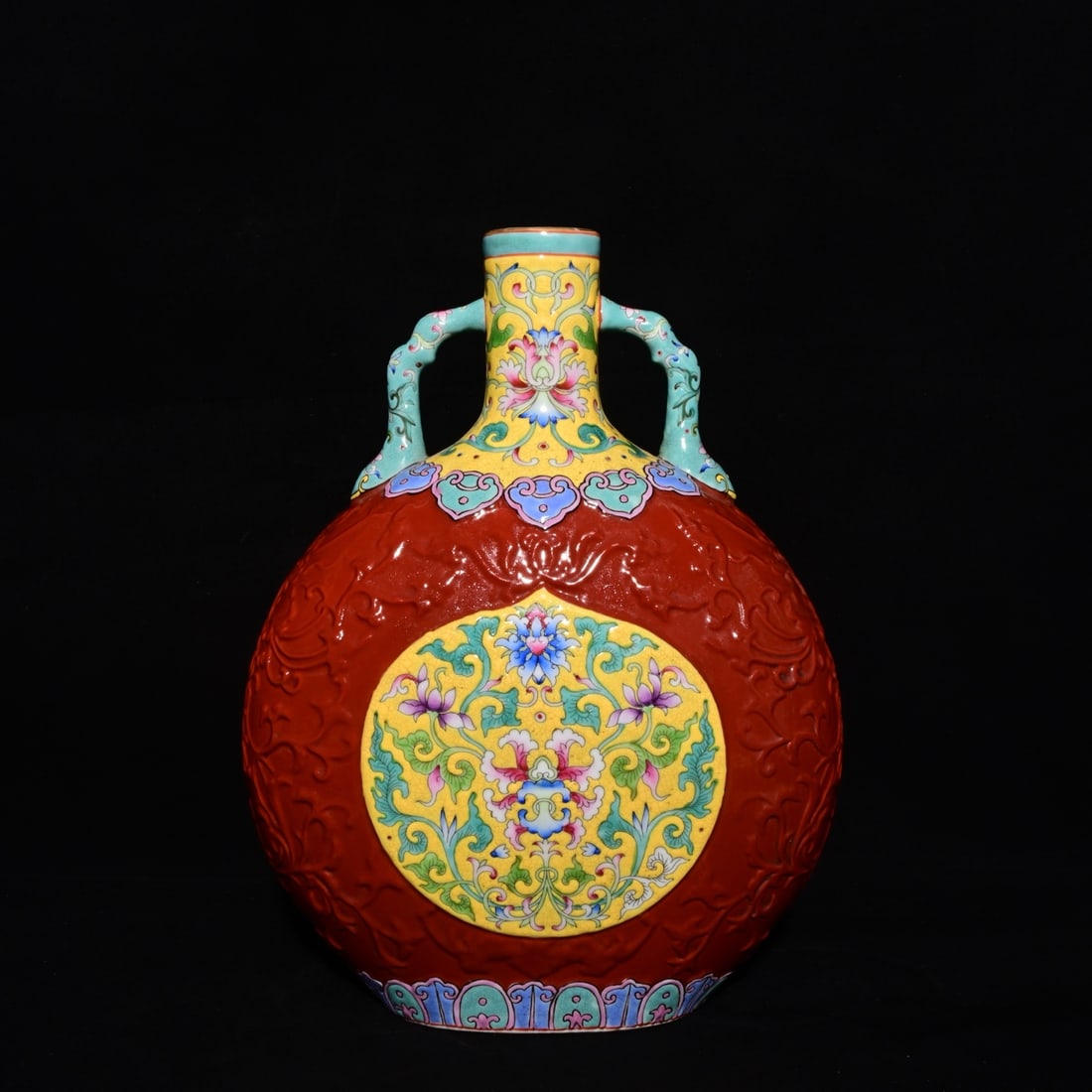 An Exquisite Enamel Flower Pattern Bats and Peach Pattern Double-Ears Vase,: An Exquisite Enamel Flower Pattern Bats and Peach Pattern Double-Ears Vase,Qing Dynasty, China,Yongzheng Four-character Mark,Size:11inx8.7in 珐琅彩花卉纹福