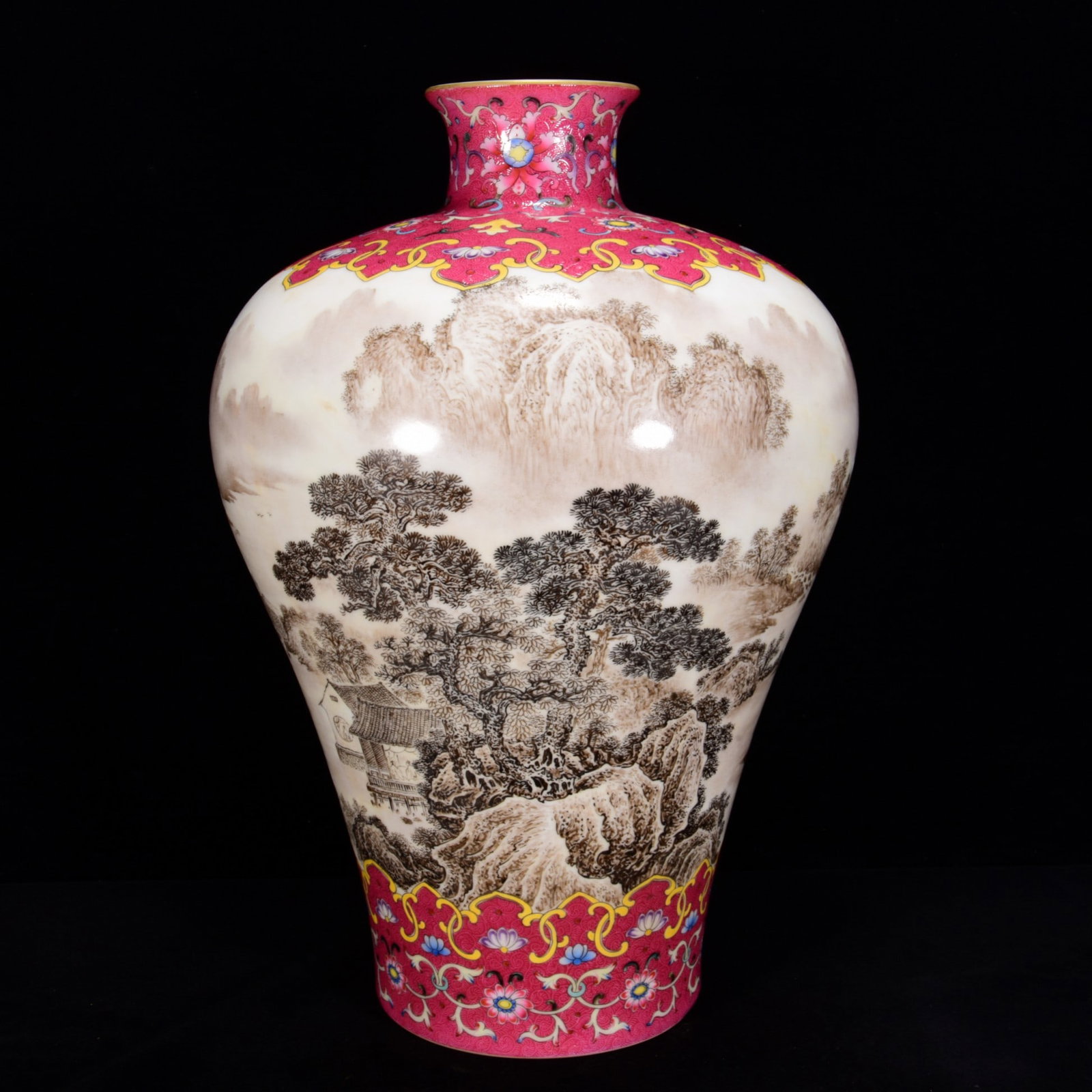 An Exquisite Ruby Red-Glazed Ink Color Landscape Pattern Vase: An Exquisite Ruby Red-Glazed Ink Color Landscape Pattern Vase,Qing Dynasty,China,with Qianlong Six-character Mark,Size:15inx9.8in,胭脂红釉墨彩山水ಬ