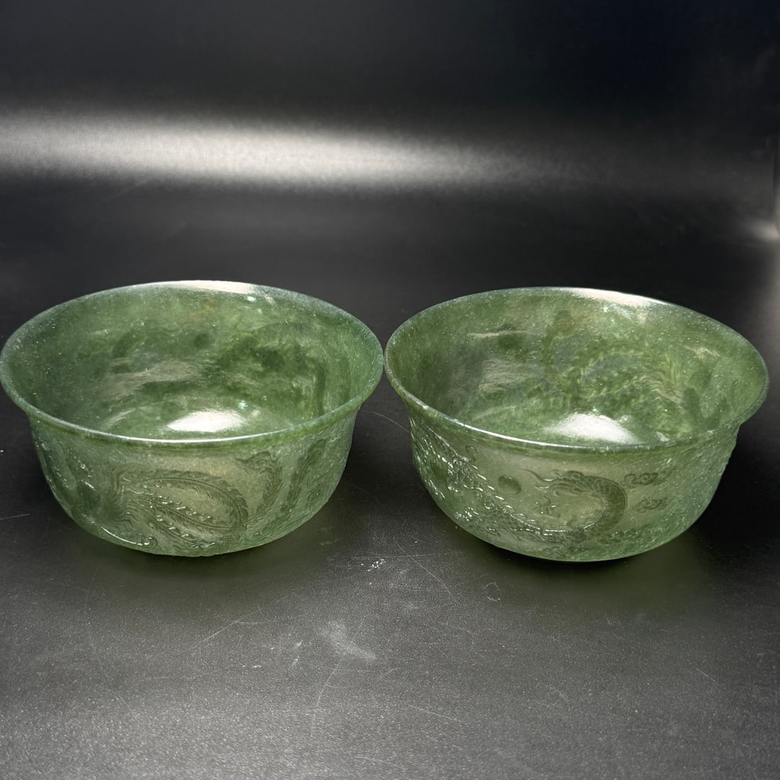 A Pair of Exquisite Greenish Jade Dragon Pattern Phoenix Pattern Cups: A Pair of Exquisite Greenish Jade Dragon Pattern Phoenix Pattern Cups,Qing