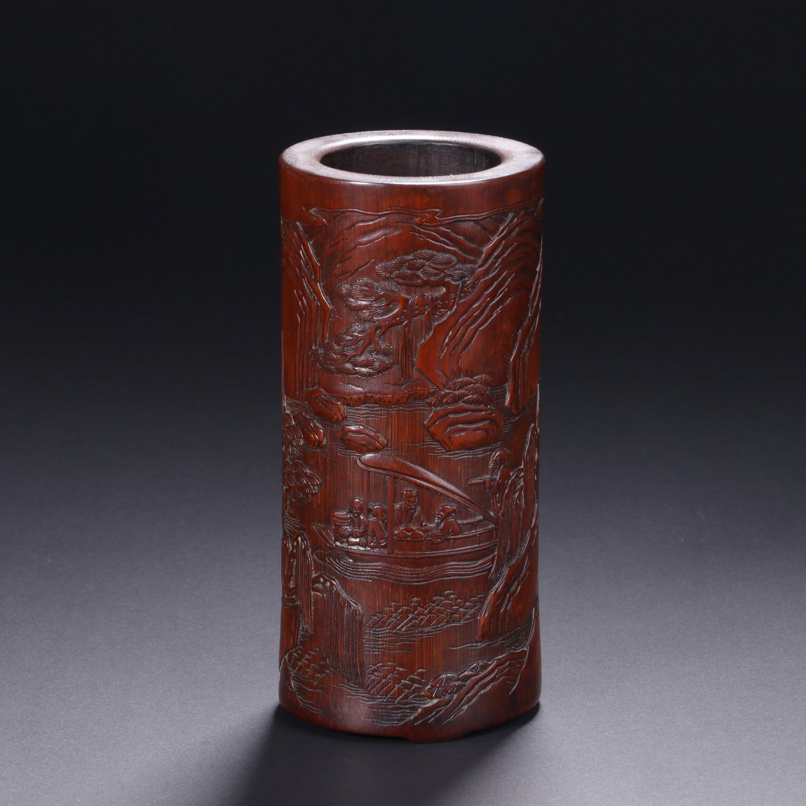 An Exquisite Bamboo Landscape and Figure Pattern Brush Pot: An Exquisite Bamboo Landscape and Figure Pattern Brush Pot,Qing Dynasty,China,With