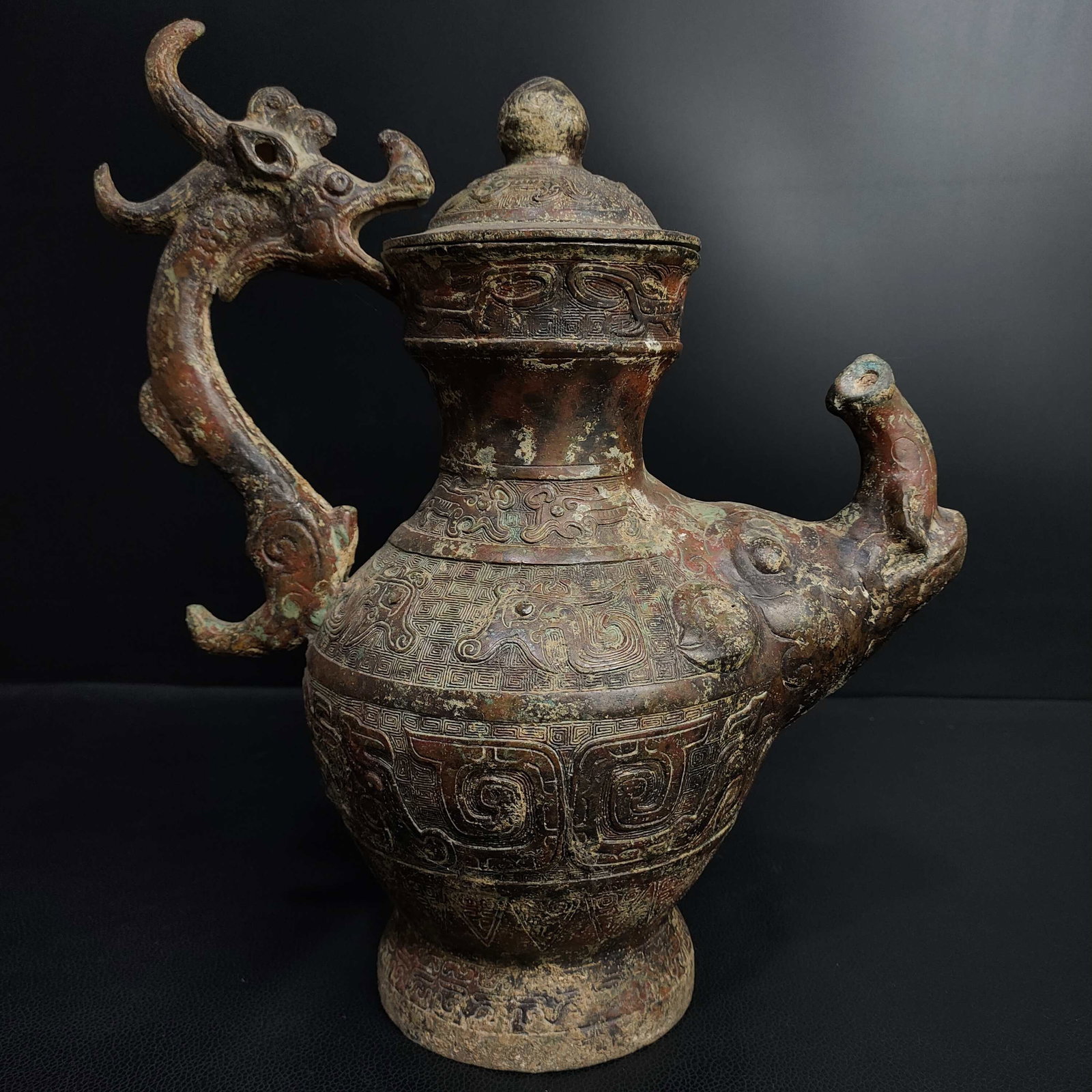 An Exquisite Bronze Dragon Pattern with Cover Ewer,With Inscription: An Exquisite Bronze Dragon Pattern with Cover Ewer,With Inscription,the Warring States period in