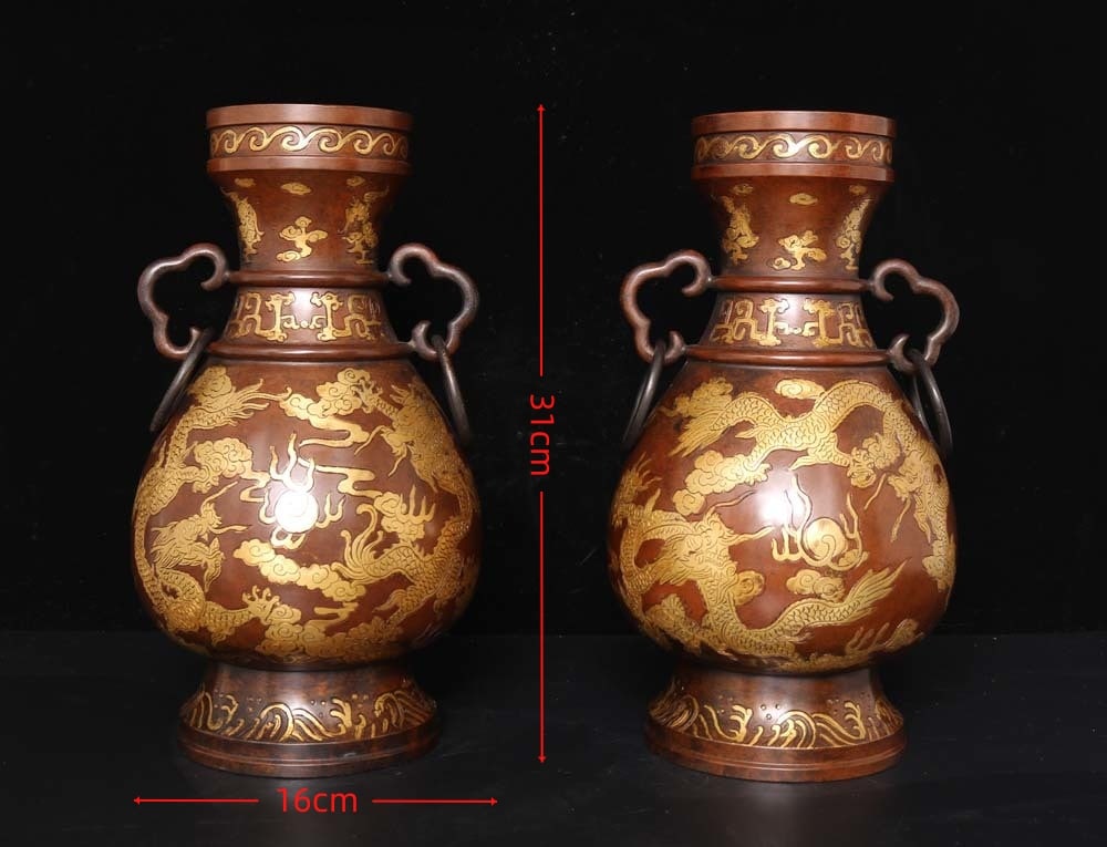 A Pair of Exquisite Gilt Bronze Dragon Pattern Double-Ears Vases (1 of 9)