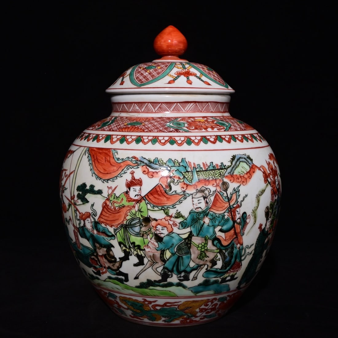 An Exquisite Wucai Character and Story Pattern with Cover Jar,: An Exquisite Wucai Character and Story Pattern with Cover Jar,Ming Dynasty, China,Jiajing Six-character Mark,Size:11.4inx9.1in五彩人物故事纹带盖&#