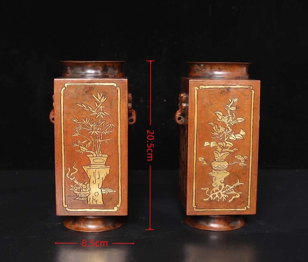 A Pair of Exquisite Gilt Bronze Plum Blossom,Orchid Bamboo and Chrysanthemum Pattern Double-Ears: A Pair of Exquisite Gilt Bronze Plum Blossom,Orchid Bamboo and Chrysanthemum Pattern Double-Ears Vases,Ming Dynasty,China,with Xuande Six-character