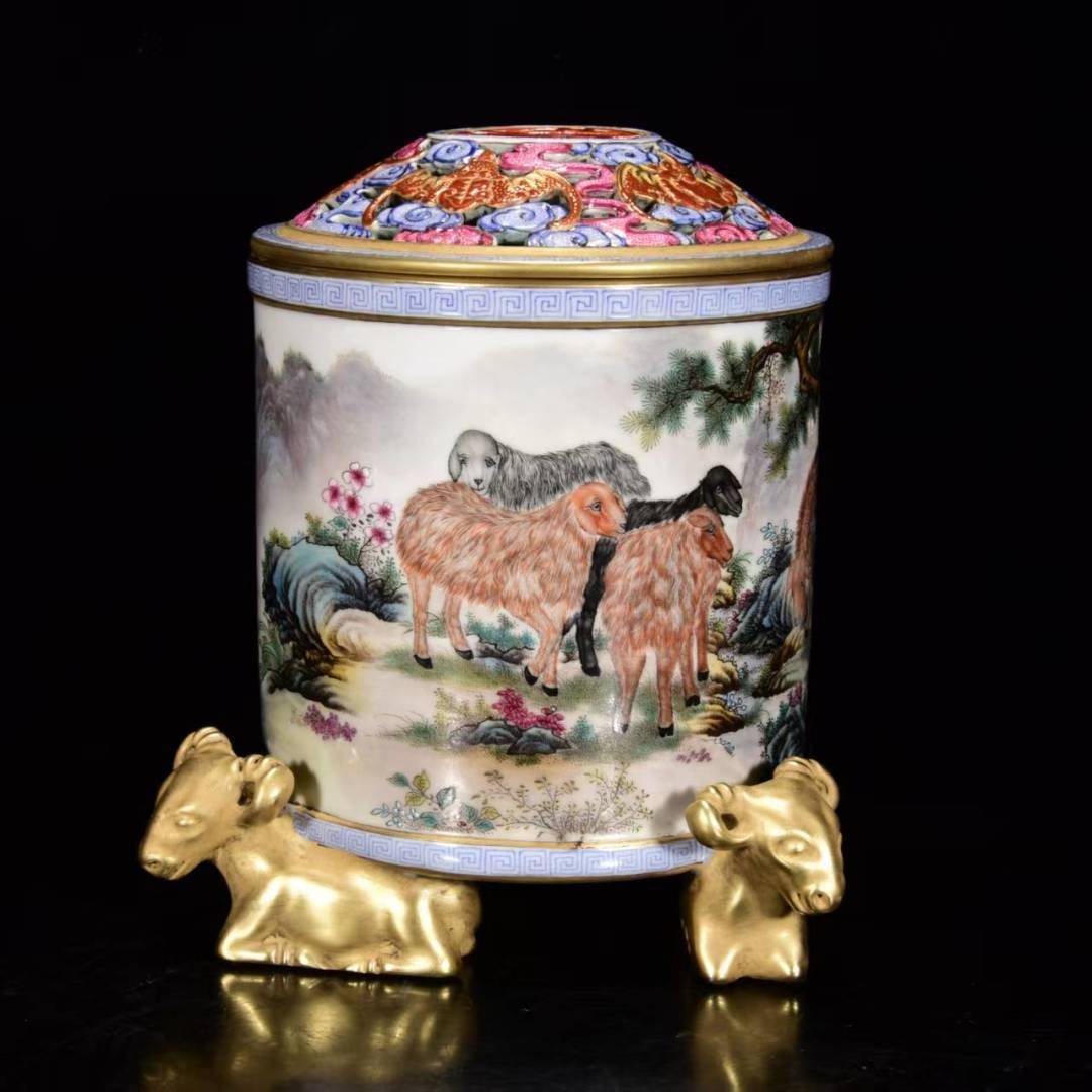 An Exquisite Famille-Rose Landscape Pattern Sheep Pattern Tripod Jar: An Exquisite Famille-Rose Landscape Pattern Sheep Pattern Tripod Jar,Qing Dynasty,China,with Qianlong Four-character Mark,Size:6.3inx4.3in,粉彩山水纹羊纹Ç